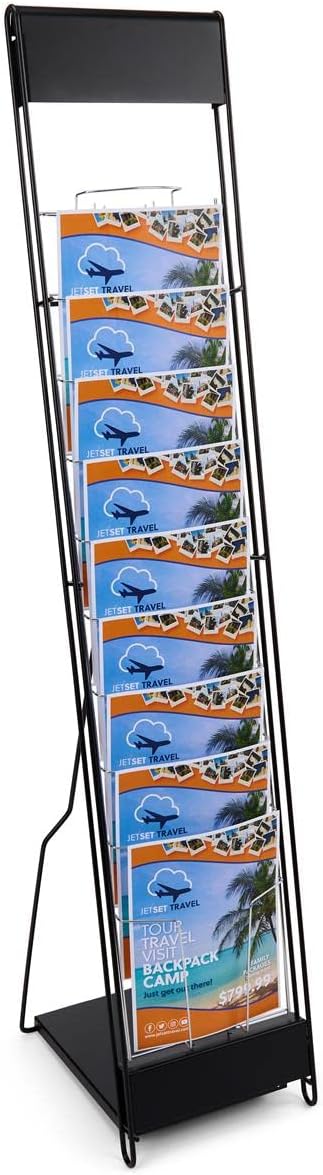 Portable Literature Stand with 10 Pockets for 8.5x11 Magazines, Carrying Bag Included, 54"h Floor-Standing Magazine Rack with Tiered Design, Steel (Silver)