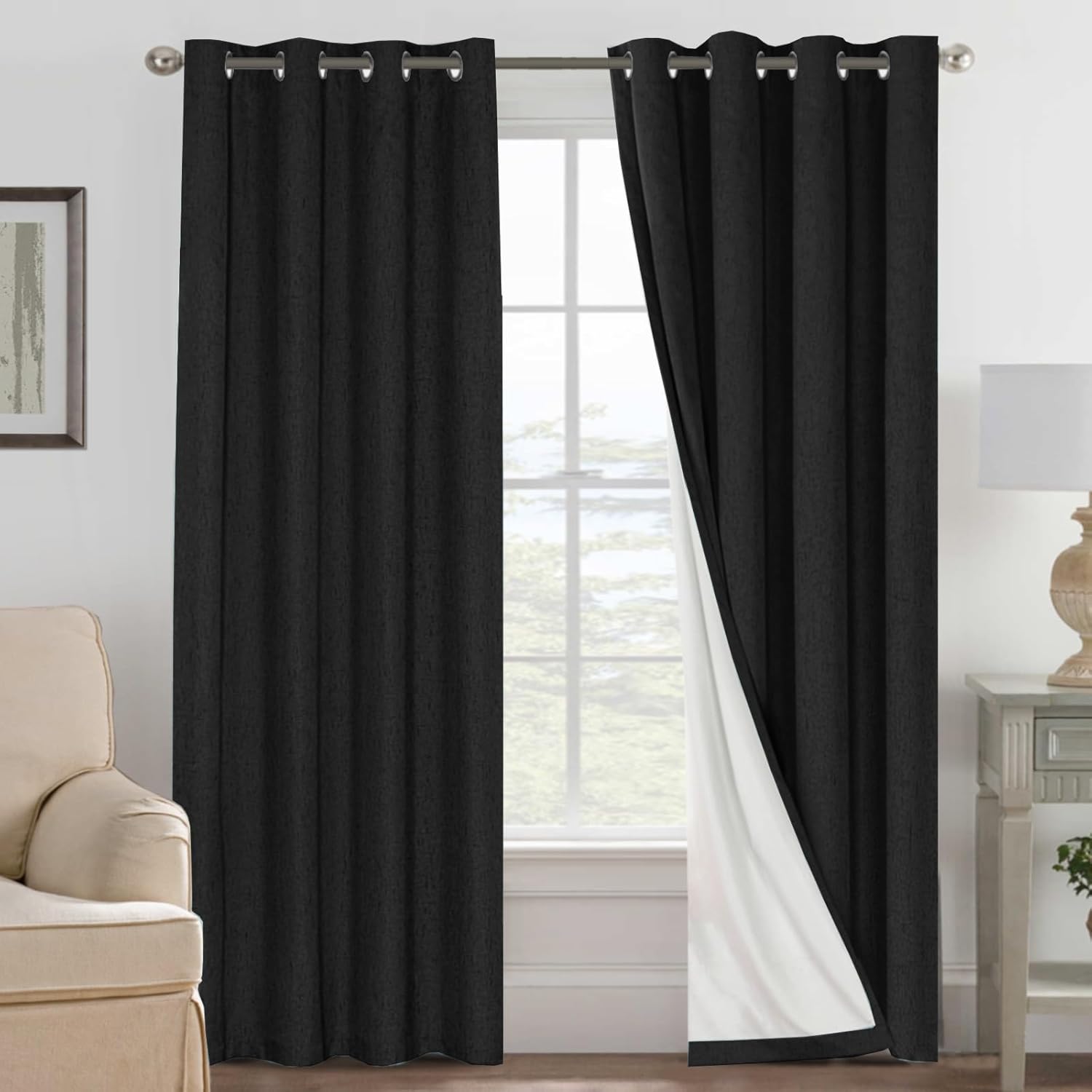 H.VERSAILTEX Linen 100% Blackout Curtains for Bedroom Full Light Blocking Curtains, Textured Window Curtain for Living Room 84 inch Grommet, Energy Efficient Curtains White Liner(2 Panels, Natural)