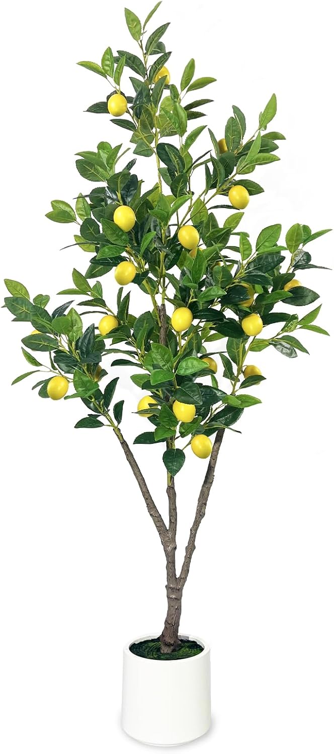 Artificial Lemon Tree, 5FT Fake Lemon Plant, Faux Lemon Tree with Realistic Trunk and Lifelike Leaves, Plastic Lemon Fruit Tree for Home Decor Living Room Office
