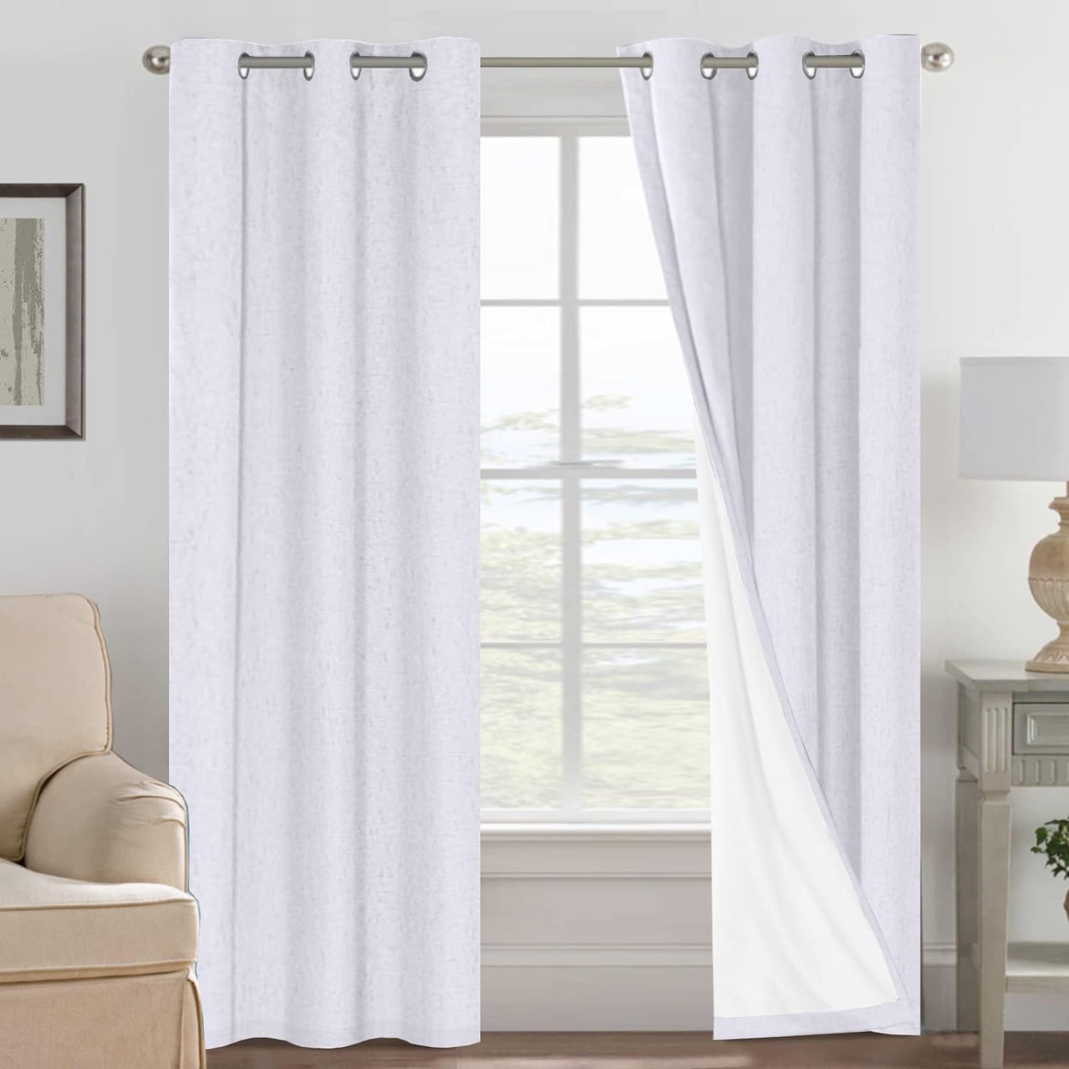 H.VERSAILTEX Linen 100% Blackout Curtains for Bedroom Full Light Blocking Curtains, Textured Window Curtain for Living Room 84 inch Grommet, Energy Efficient Curtains White Liner(2 Panels, Natural)