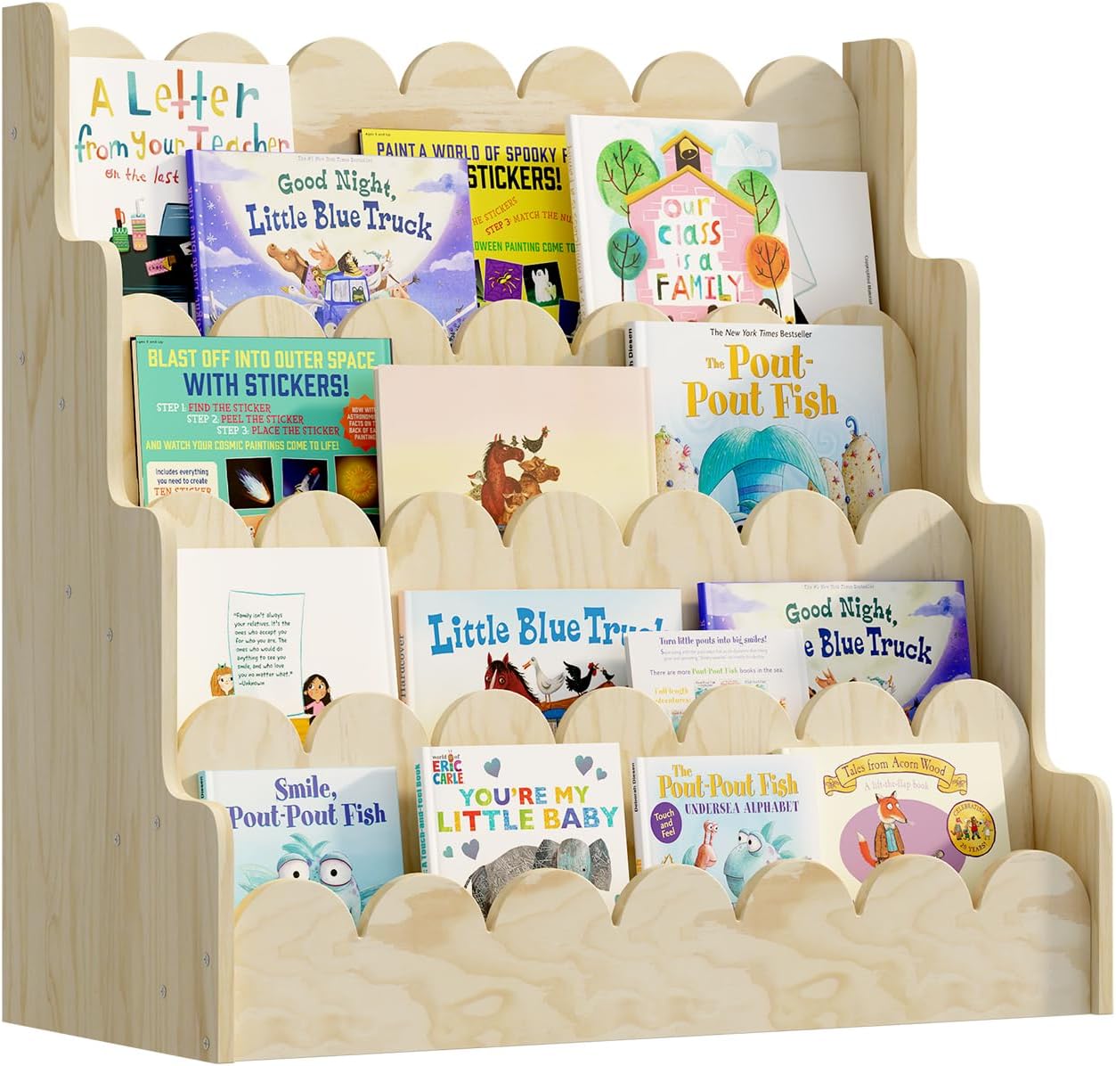 4 Tier Scalloped Kids Bookshelf Natural Wood Toddler Book Rack Nursery Bookcase Playroom Coloring Book Magazine Display Storage Shelf Organizer Classroom Library Homeschooling (Natural Wood)