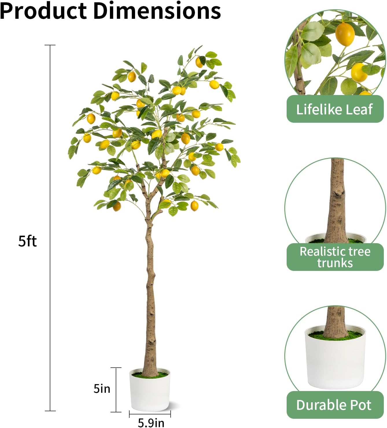 Artificial Lemon Tree 5FT Tall Faux Lemon Tree 5 Feet Fake Lemon Tree Faux Plants with Realistic Trunk and Lifelike Leaves and Fruits for Home Office Decor (Lemon Tree, 5 FT)