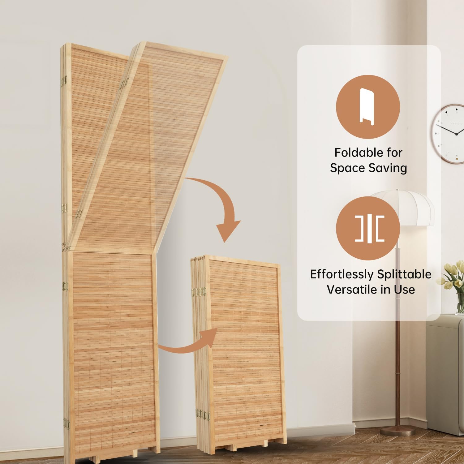 Room Divider Folding Privacy Screens, Hand-Made 67'' High Bamboo Room Dividers Freestanding 2-in-1 Multifunction 4 Panel Wall Divider for Room Separation, Portable Room Partitions and Dividers
