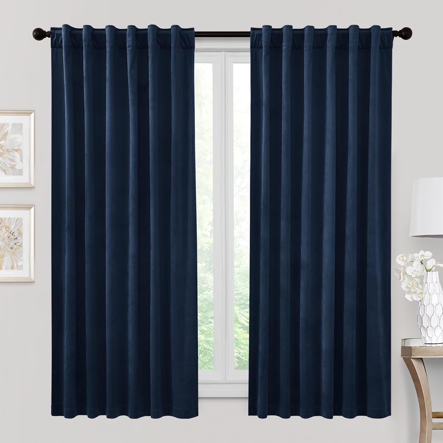 RYB HOME Velvet Curtains 96 inches - Blackout Curtains for Living Room,Thermal Insulated Noise Reducing Panels Luxury Vertical Sense Window Decor for Party Backdrops, Navy Blue, W52 x L96, 2 Panels