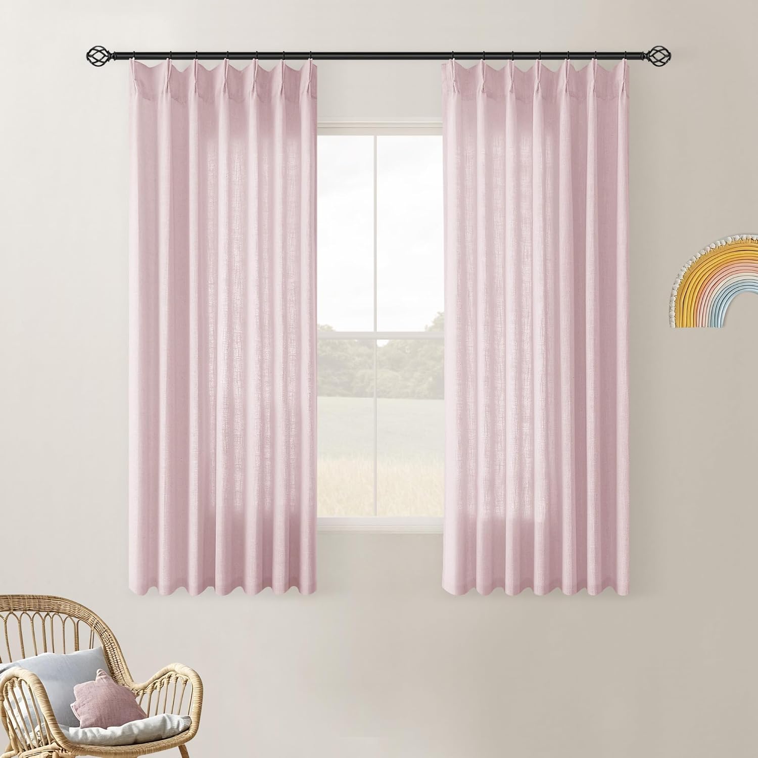 Natural Pinch Pleated Linen Curtains 84 Inch Length 2 Panels for Living Room Bedroom Textured Cream Ivory Birch Semi Sheer Boho Neutral Back Tab Pinch Pleat Hooks Rings Window Curtain 84 Inches Long