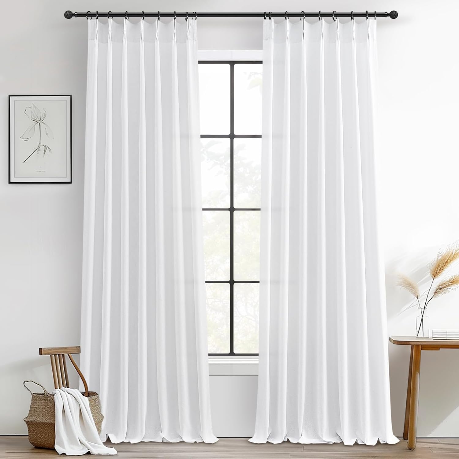 Pinch Pleated Linen Curtains 96 Inches Long for Living Room Bedroom, Light Filtering Boho Window Drape 96 inch 2 Panels Burgs with Hooks&Rings 8ft Cream Birch Sliding Glass Door Sheer Curtain Decor