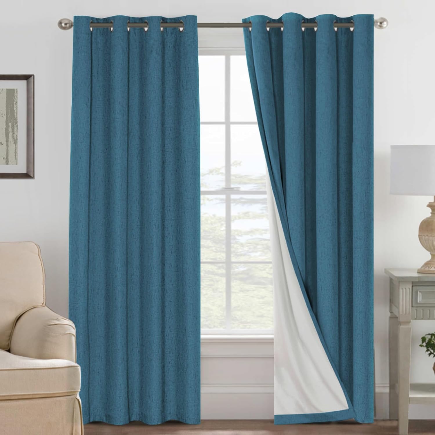 H.VERSAILTEX Linen 100% Blackout Curtains for Bedroom Full Light Blocking Curtains, Textured Window Curtain for Living Room 84 inch Grommet, Energy Efficient Curtains White Liner(2 Panels, Natural)