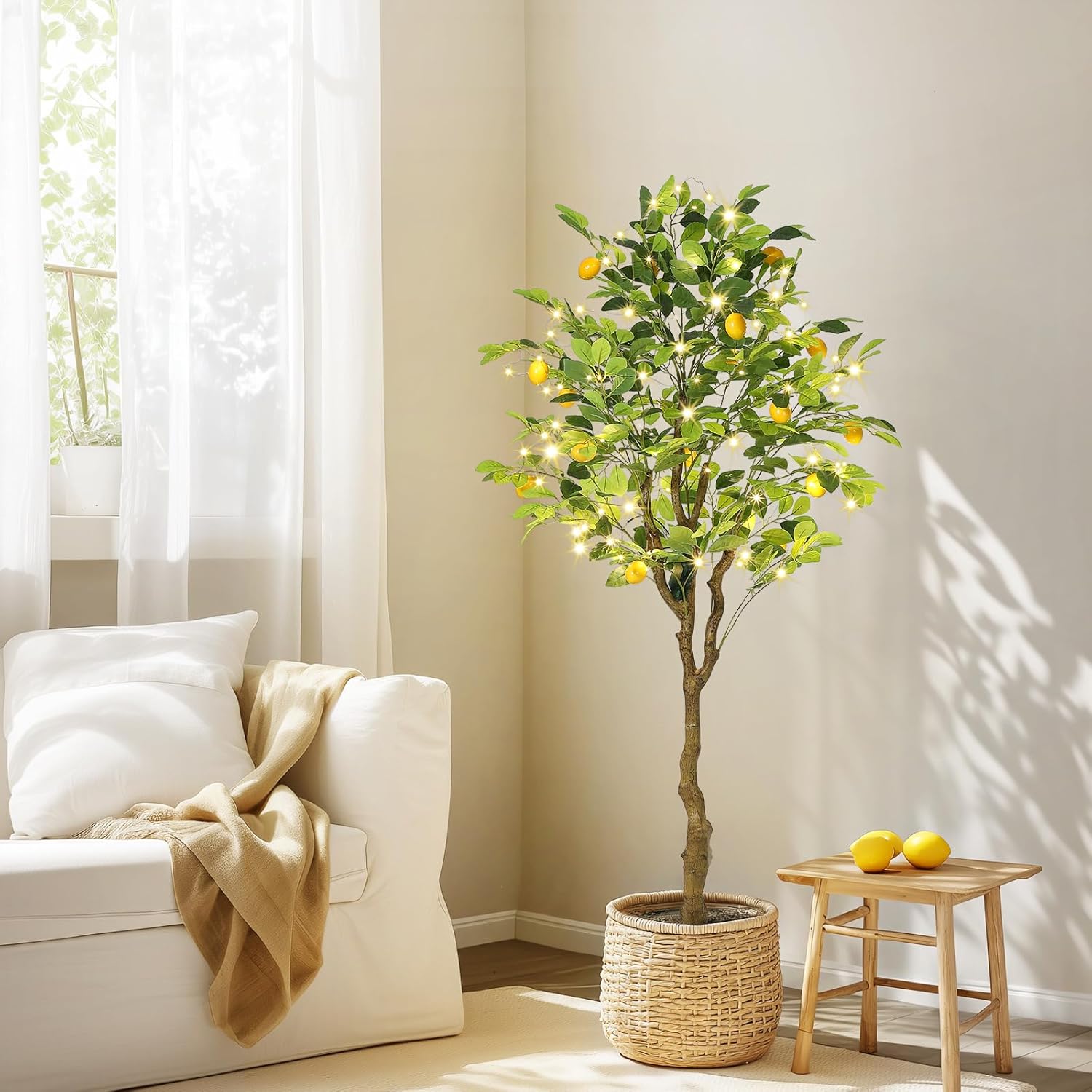GarveeHome 6 ft Artificial Lemon Tree Indoor, Pre Potted Faux Lemon Tree with Realistic Fruit and Lifelike Leaves, Fake Lemom Plant with 100 Lights for Indoor Home Decor Office Living Room