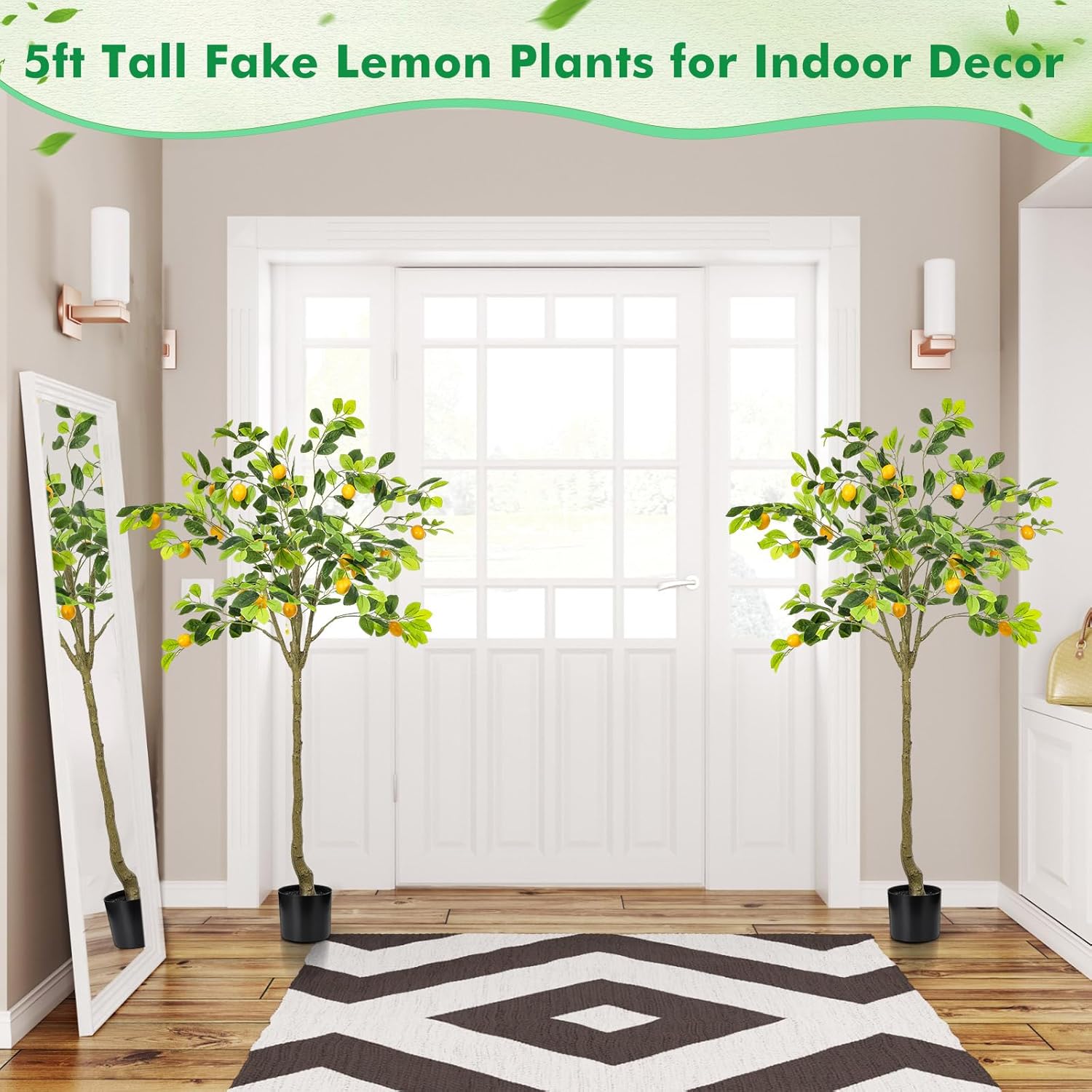 Jexine 2 Pack Artificial Lemon Tree 5 ft Tall Fake Plant Pre Potted Faux Lemon Tree Realistic Fruits for Indoor Home Decor Office Living Room