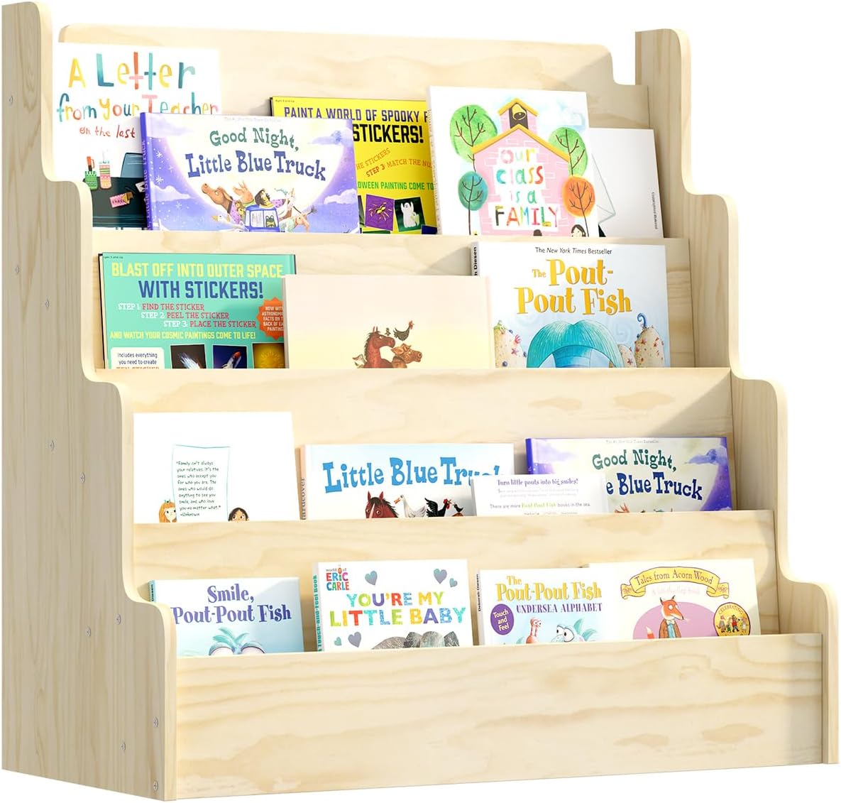 4 Tier Scalloped Kids Bookshelf Natural Wood Toddler Book Rack Nursery Bookcase Playroom Coloring Book Magazine Display Storage Shelf Organizer Classroom Library Homeschooling (Natural Wood)