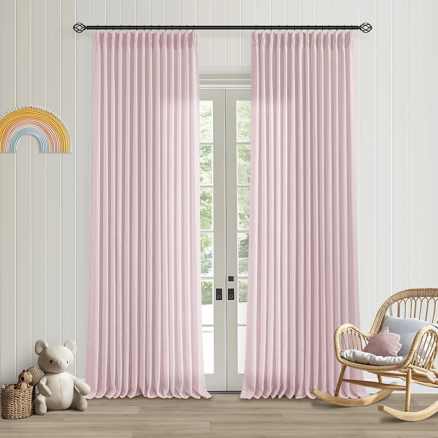 Natural Pinch Pleated Linen Curtains 84 Inch Length 2 Panels for Living Room Bedroom Textured Cream Ivory Birch Semi Sheer Boho Neutral Back Tab Pinch Pleat Hooks Rings Window Curtain 84 Inches Long