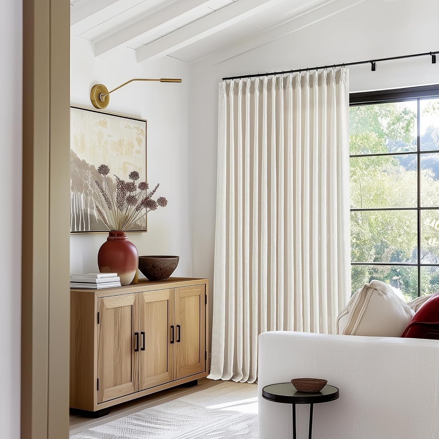 Natural Pinch Pleated Linen Curtains 84 Inch Length 2 Panels for Living Room Bedroom Textured Cream Ivory Birch Semi Sheer Boho Neutral Back Tab Pinch Pleat Hooks Rings Window Curtain 84 Inches Long