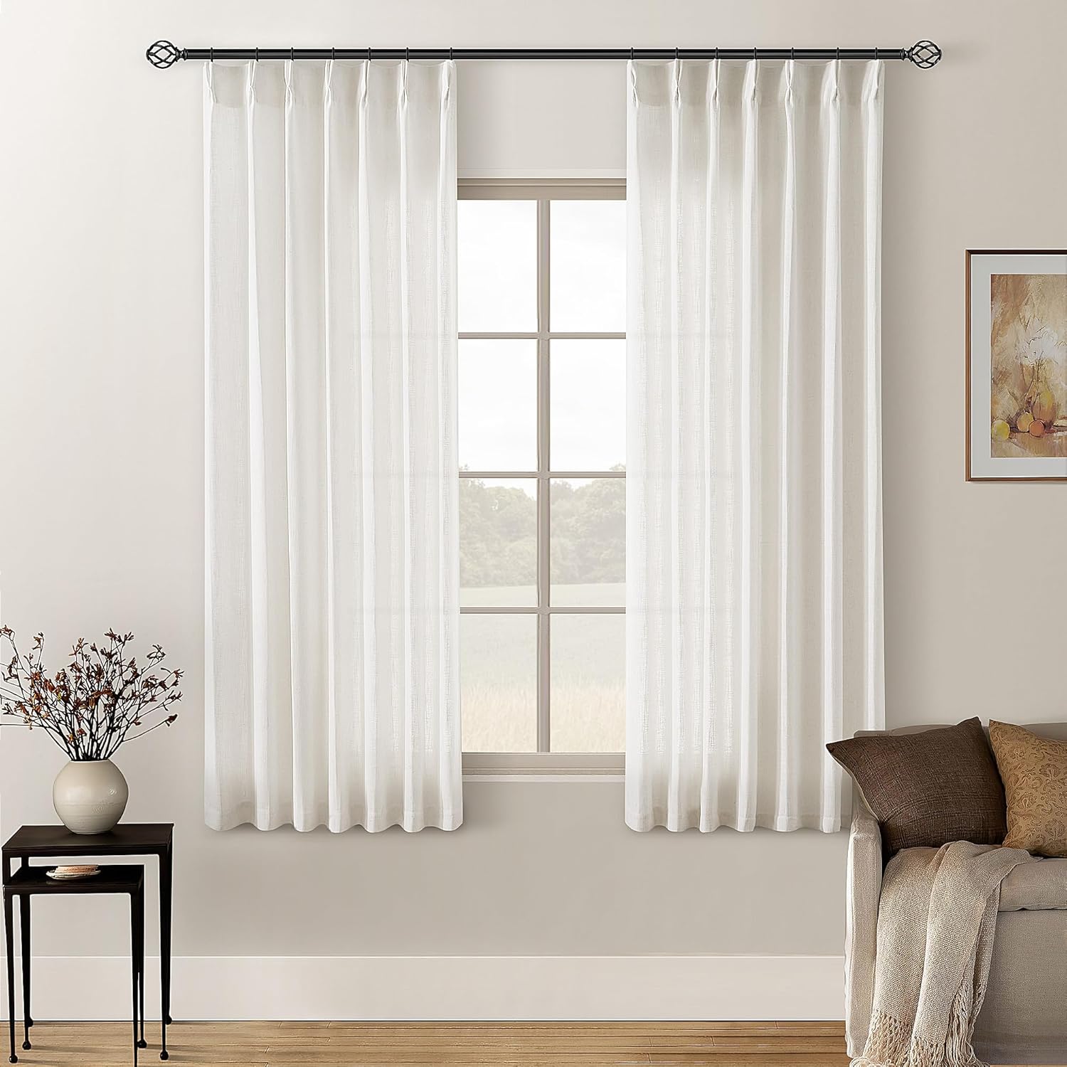 Natural Pinch Pleated Linen Curtains 84 Inch Length 2 Panels for Living Room Bedroom Textured Cream Ivory Birch Semi Sheer Boho Neutral Back Tab Pinch Pleat Hooks Rings Window Curtain 84 Inches Long