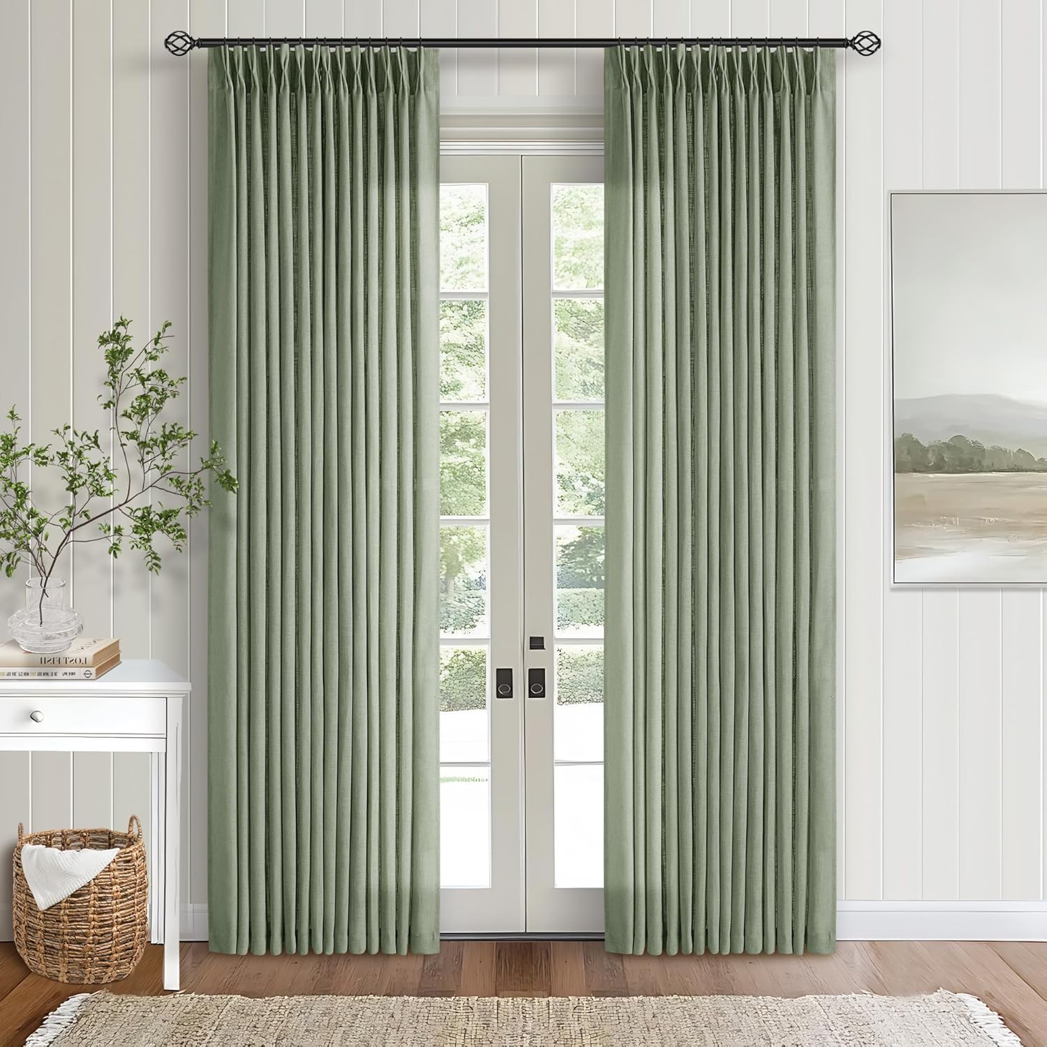 Natural Pinch Pleated Linen Curtains 84 Inch Length 2 Panels for Living Room Bedroom Textured Cream Ivory Birch Semi Sheer Boho Neutral Back Tab Pinch Pleat Hooks Rings Window Curtain 84 Inches Long