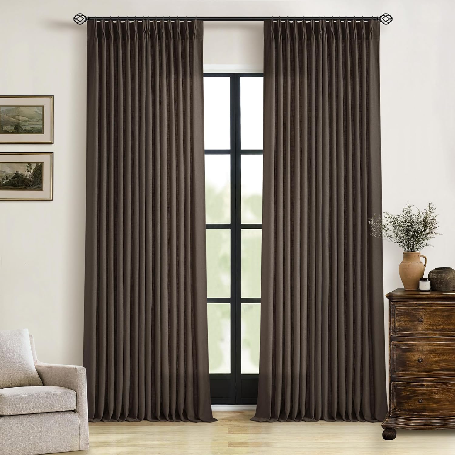 Natural Pinch Pleated Linen Curtains 84 Inch Length 2 Panels for Living Room Bedroom Textured Cream Ivory Birch Semi Sheer Boho Neutral Back Tab Pinch Pleat Hooks Rings Window Curtain 84 Inches Long
