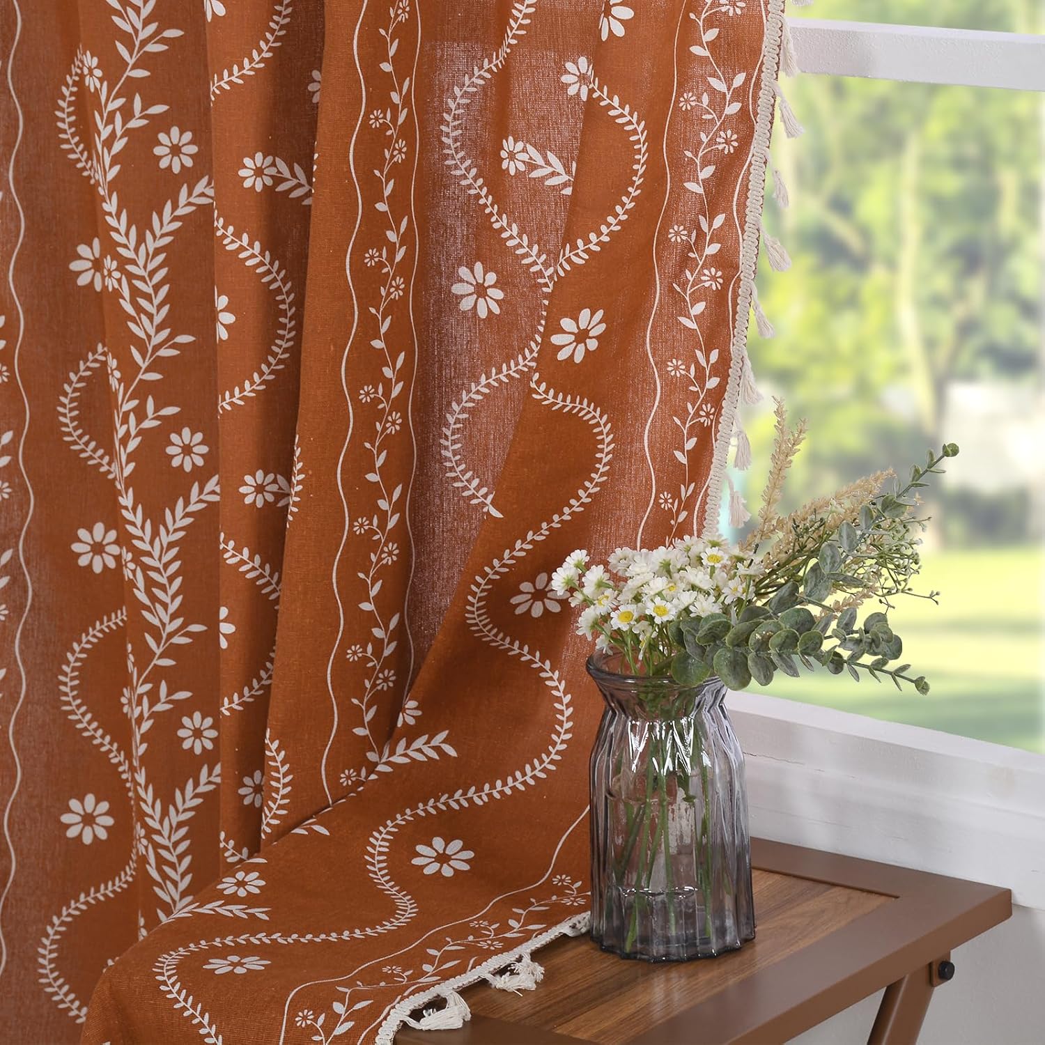 Schweek Terracotta Curtains 84 Inch Length Boho Farmhouse Curtains for Living Room 2 Panels, Linen Semi Sheer Vintage Farmhouse Printed Floral Burnt Orange Rustic Curtain Drapes