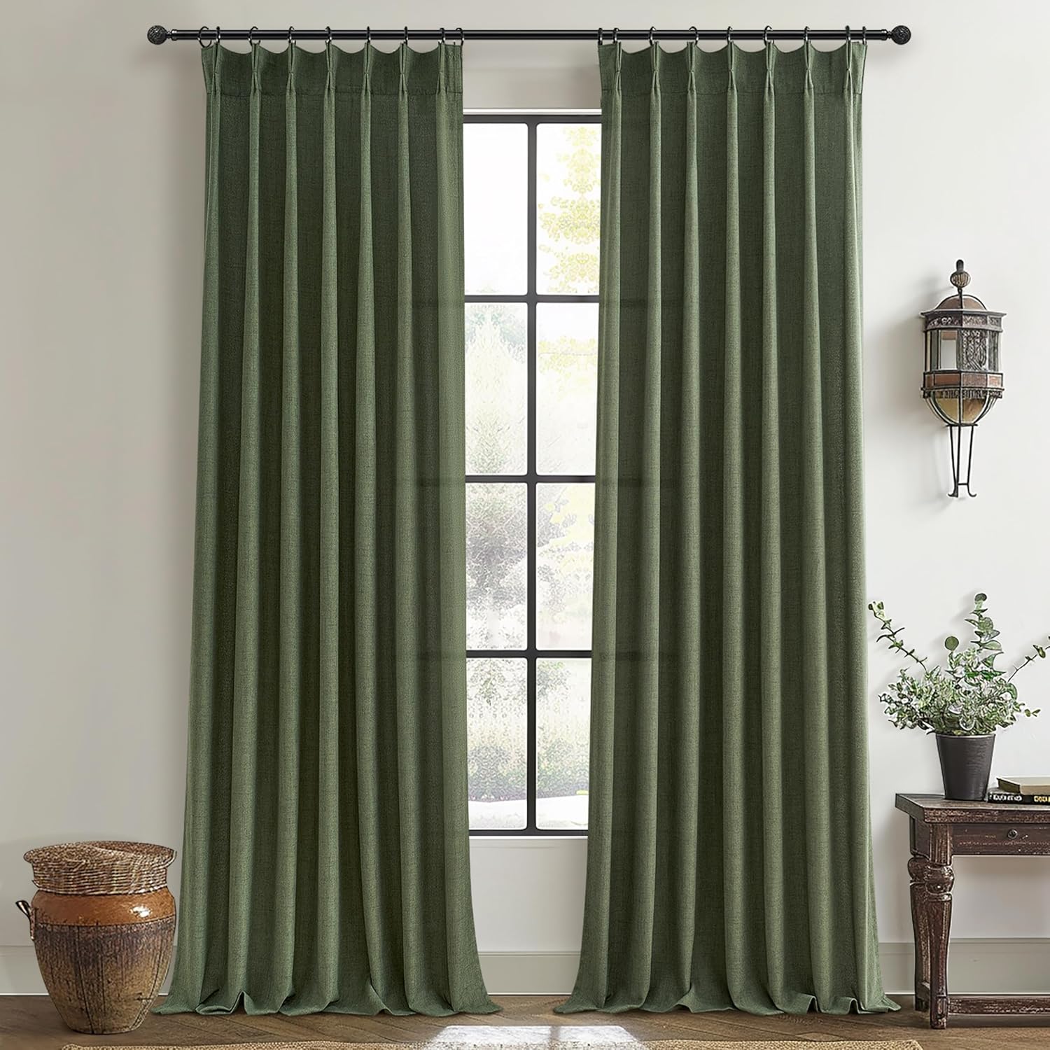 Pinch Pleated Linen Curtains 96 Inches Long for Living Room Bedroom, Light Filtering Boho Window Drape 96 inch 2 Panels Burgs with Hooks&Rings 8ft Cream Birch Sliding Glass Door Sheer Curtain Decor