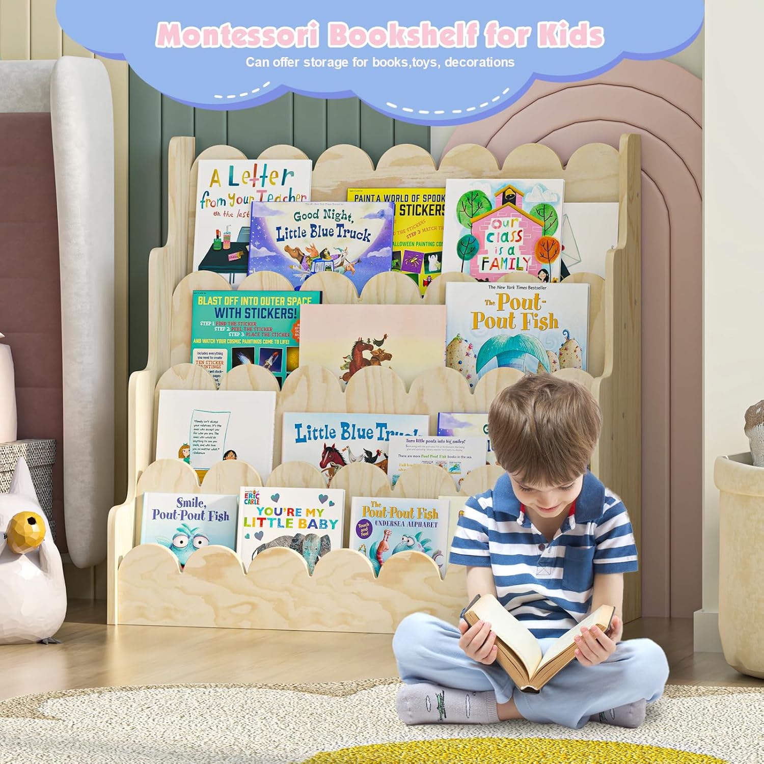 4 Tier Scalloped Kids Bookshelf Natural Wood Toddler Book Rack Nursery Bookcase Playroom Coloring Book Magazine Display Storage Shelf Organizer Classroom Library Homeschooling (Natural Wood)