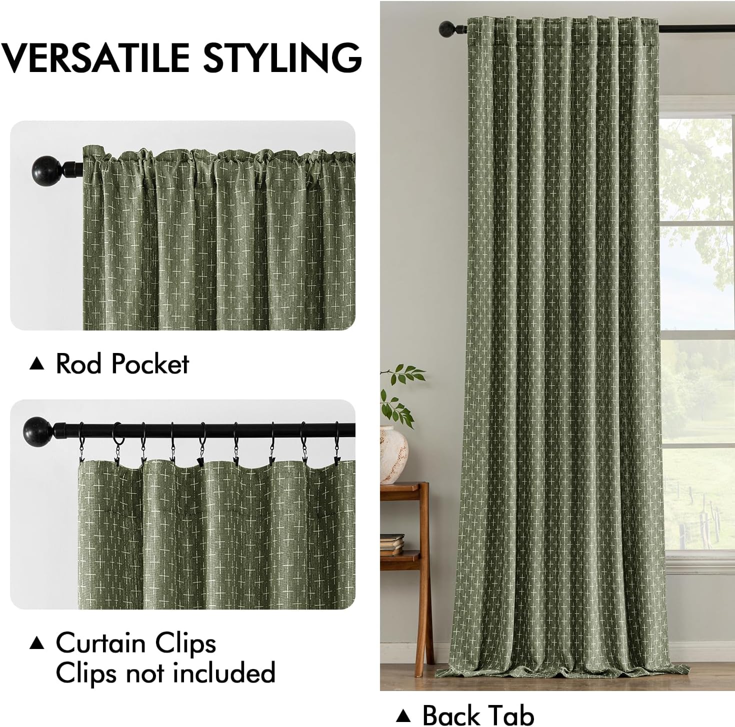 MIULEE Decorative Back Tab Linen Curtains with Geometric Pattern for Living Room Bedroom Farmhouse Rustic Thick Woven Textured Patterned Mudcloth Drapes 90 Inch Long 2 Panels Set, Olive Green