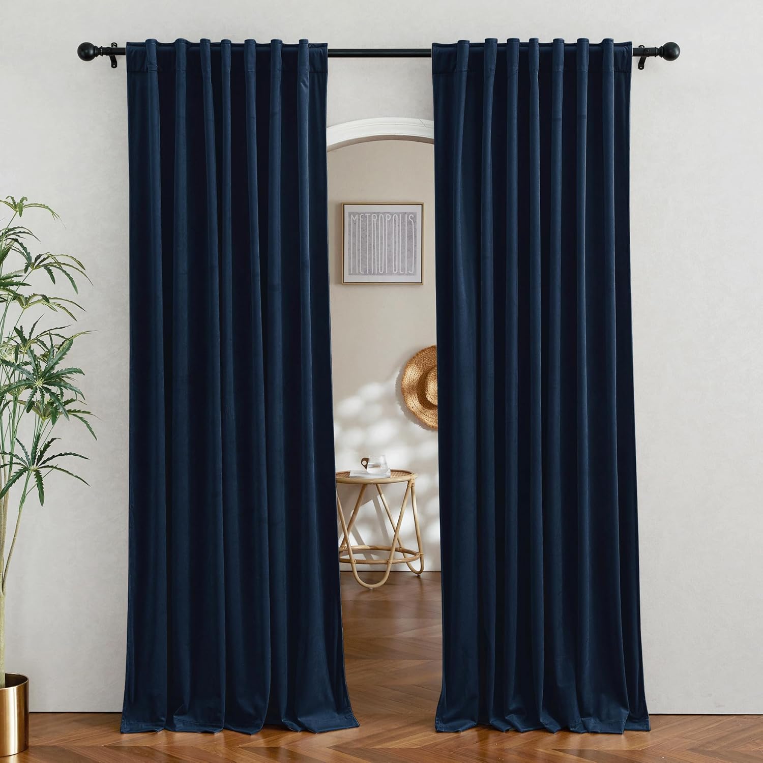 RYB HOME Velvet Curtains 96 inches - Blackout Curtains for Living Room,Thermal Insulated Noise Reducing Panels Luxury Vertical Sense Window Decor for Party Backdrops, Navy Blue, W52 x L96, 2 Panels
