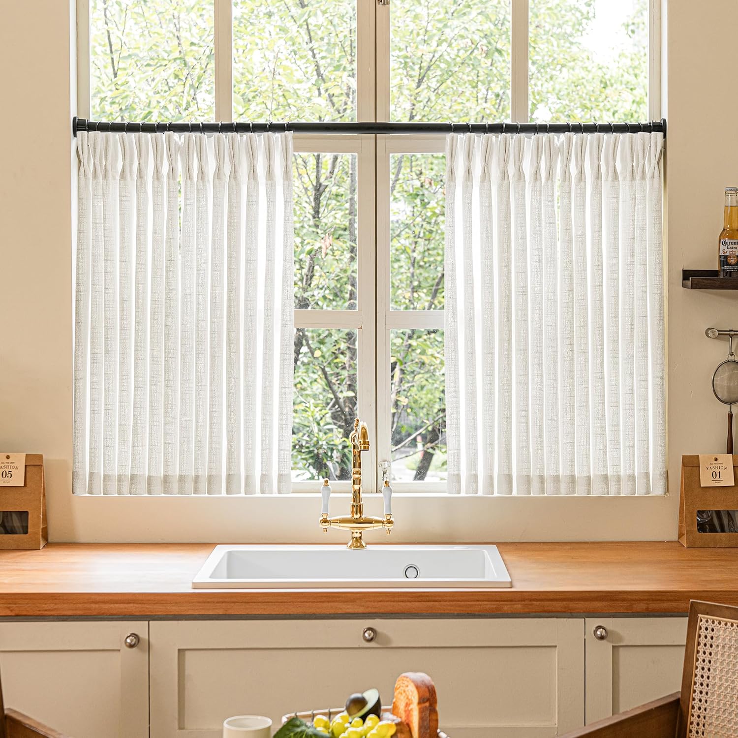 Natural Pinch Pleated Linen Curtains 84 Inch Length 2 Panels for Living Room Bedroom Textured Cream Ivory Birch Semi Sheer Boho Neutral Back Tab Pinch Pleat Hooks Rings Window Curtain 84 Inches Long