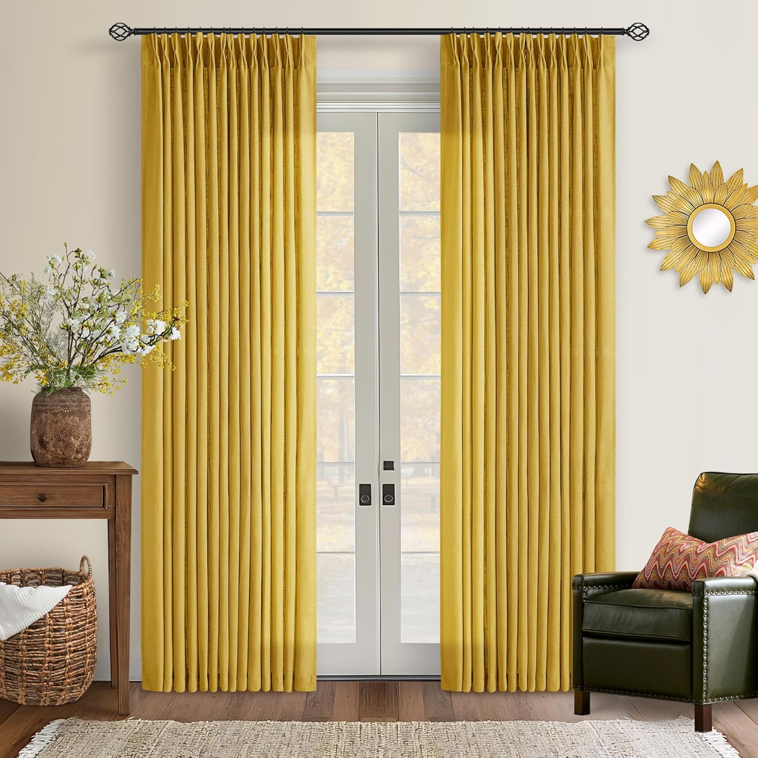 Natural Pinch Pleated Linen Curtains 84 Inch Length 2 Panels for Living Room Bedroom Textured Cream Ivory Birch Semi Sheer Boho Neutral Back Tab Pinch Pleat Hooks Rings Window Curtain 84 Inches Long
