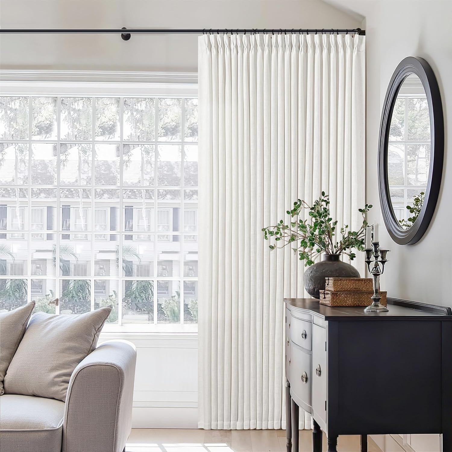 Natural Pinch Pleated Linen Curtains 84 Inch Length 2 Panels for Living Room Bedroom Textured Cream Ivory Birch Semi Sheer Boho Neutral Back Tab Pinch Pleat Hooks Rings Window Curtain 84 Inches Long