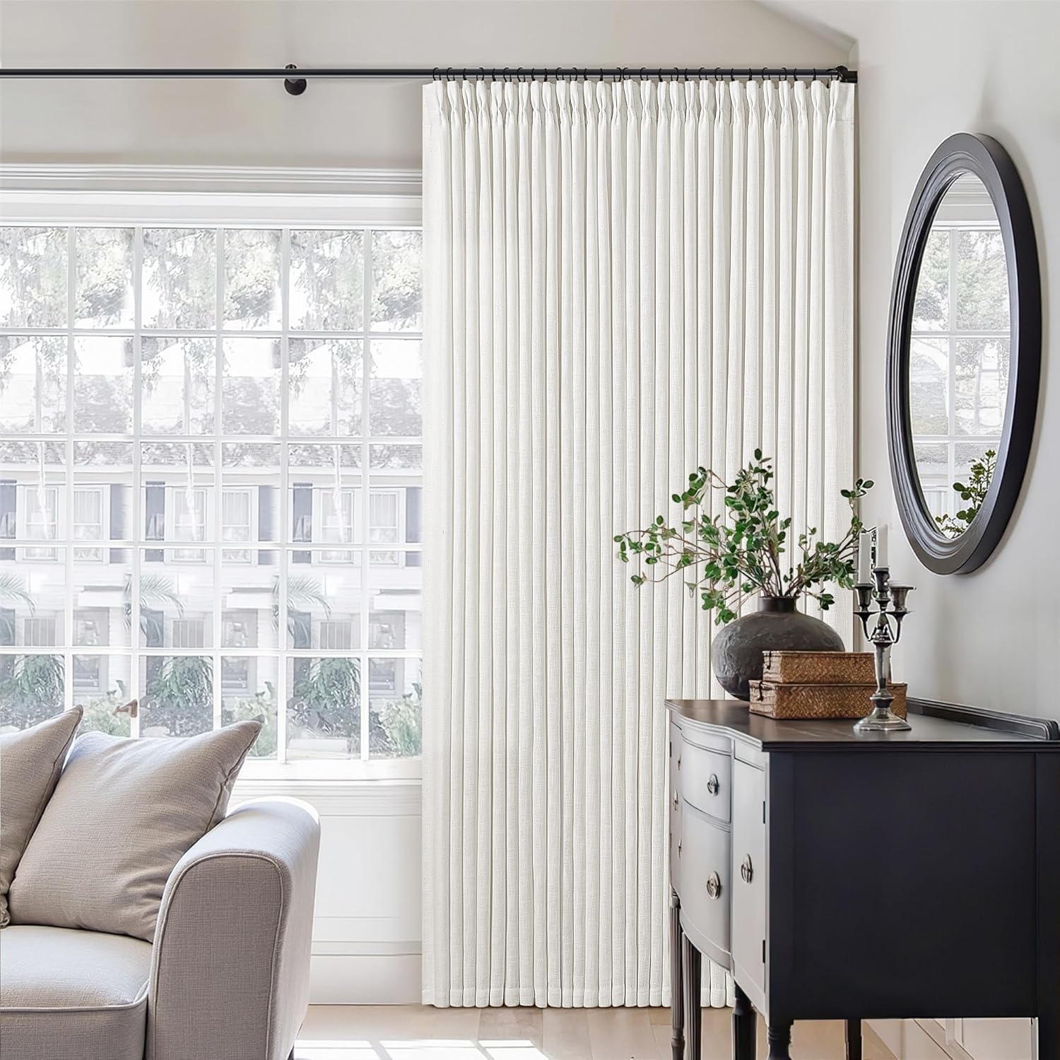 Natural Pinch Pleated Linen Curtains 84 Inch Length 2 Panels for Living Room Bedroom Textured Cream Ivory Birch Semi Sheer Boho Neutral Back Tab Pinch Pleat Hooks Rings Window Curtain 84 Inches Long