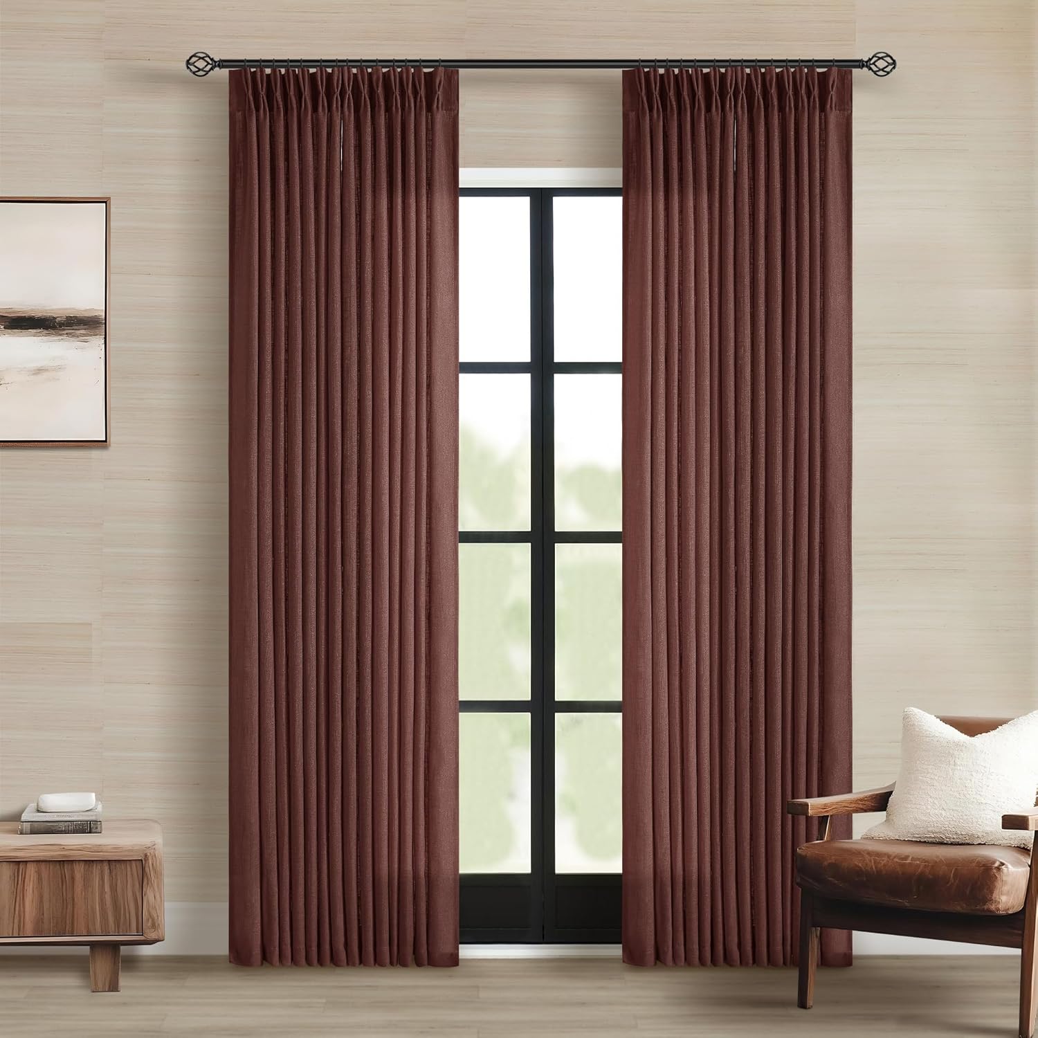 Natural Pinch Pleated Linen Curtains 84 Inch Length 2 Panels for Living Room Bedroom Textured Cream Ivory Birch Semi Sheer Boho Neutral Back Tab Pinch Pleat Hooks Rings Window Curtain 84 Inches Long