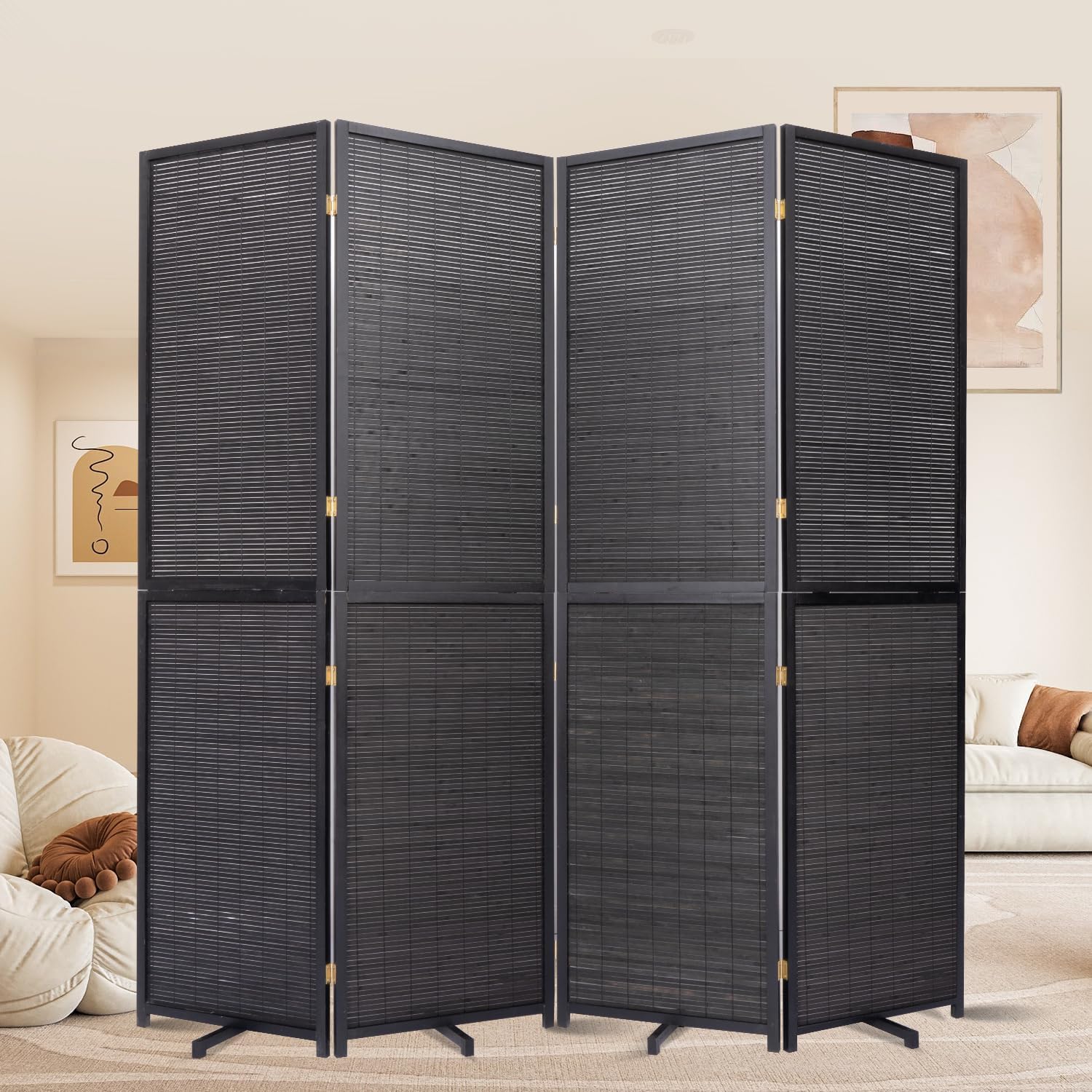 Room Divider Folding Privacy Screens, Hand-Made 67'' High Bamboo Room Dividers Freestanding 2-in-1 Multifunction 4 Panel Wall Divider for Room Separation, Portable Room Partitions and Dividers