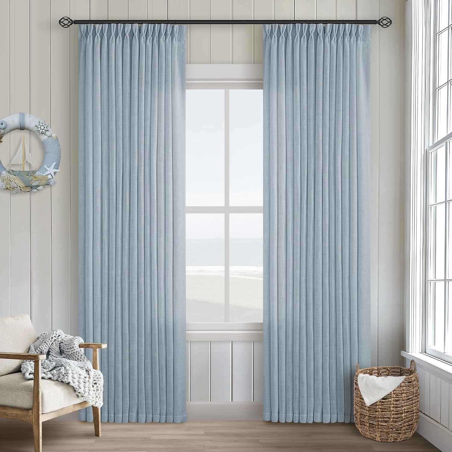 Natural Pinch Pleated Linen Curtains 84 Inch Length 2 Panels for Living Room Bedroom Textured Cream Ivory Birch Semi Sheer Boho Neutral Back Tab Pinch Pleat Hooks Rings Window Curtain 84 Inches Long