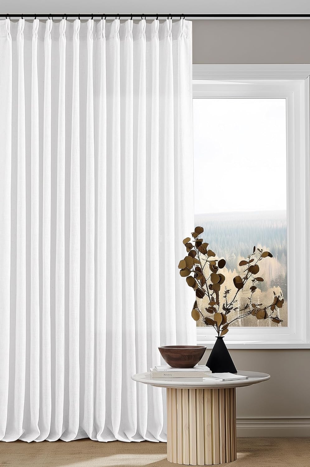 Natural Pinch Pleated Linen Curtains 84 Inch Length 2 Panels for Living Room Bedroom Textured Cream Ivory Birch Semi Sheer Boho Neutral Back Tab Pinch Pleat Hooks Rings Window Curtain 84 Inches Long