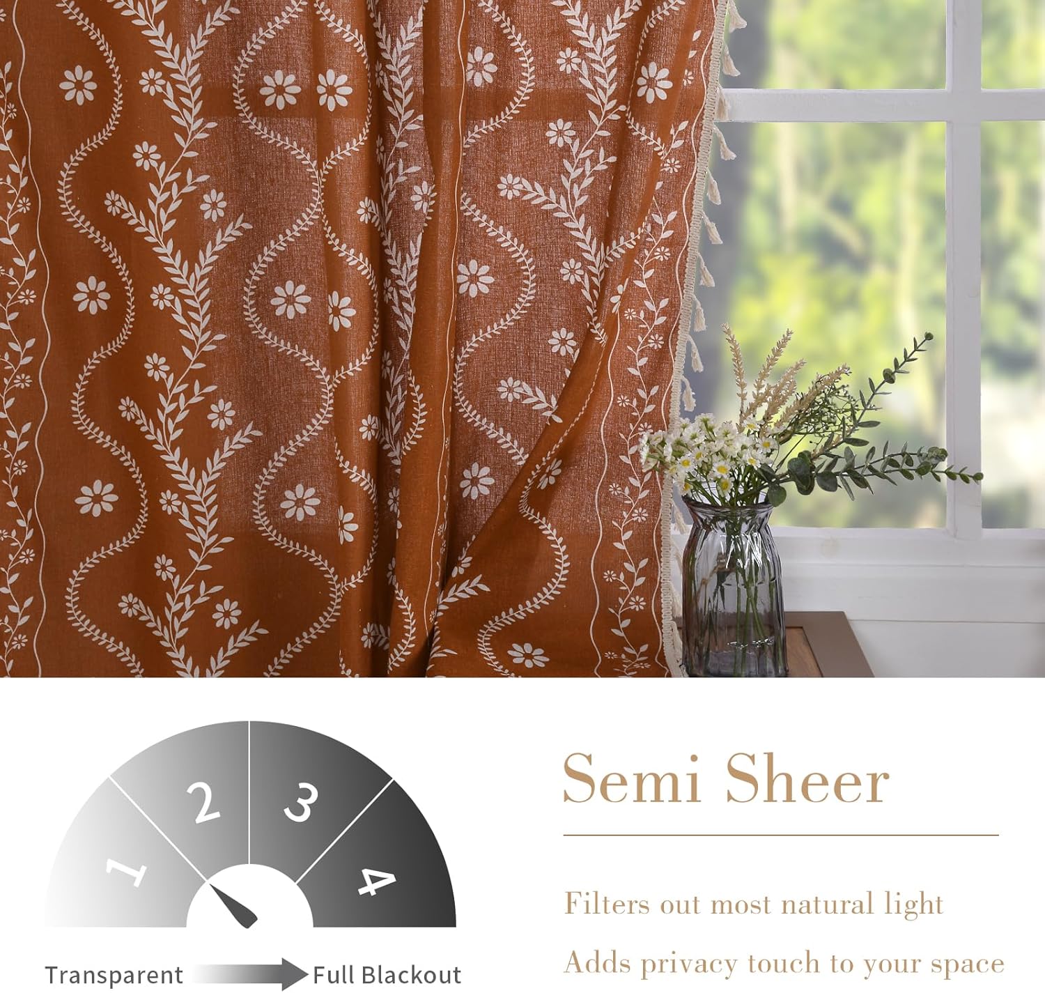 Schweek Terracotta Curtains 84 Inch Length Boho Farmhouse Curtains for Living Room 2 Panels, Linen Semi Sheer Vintage Farmhouse Printed Floral Burnt Orange Rustic Curtain Drapes