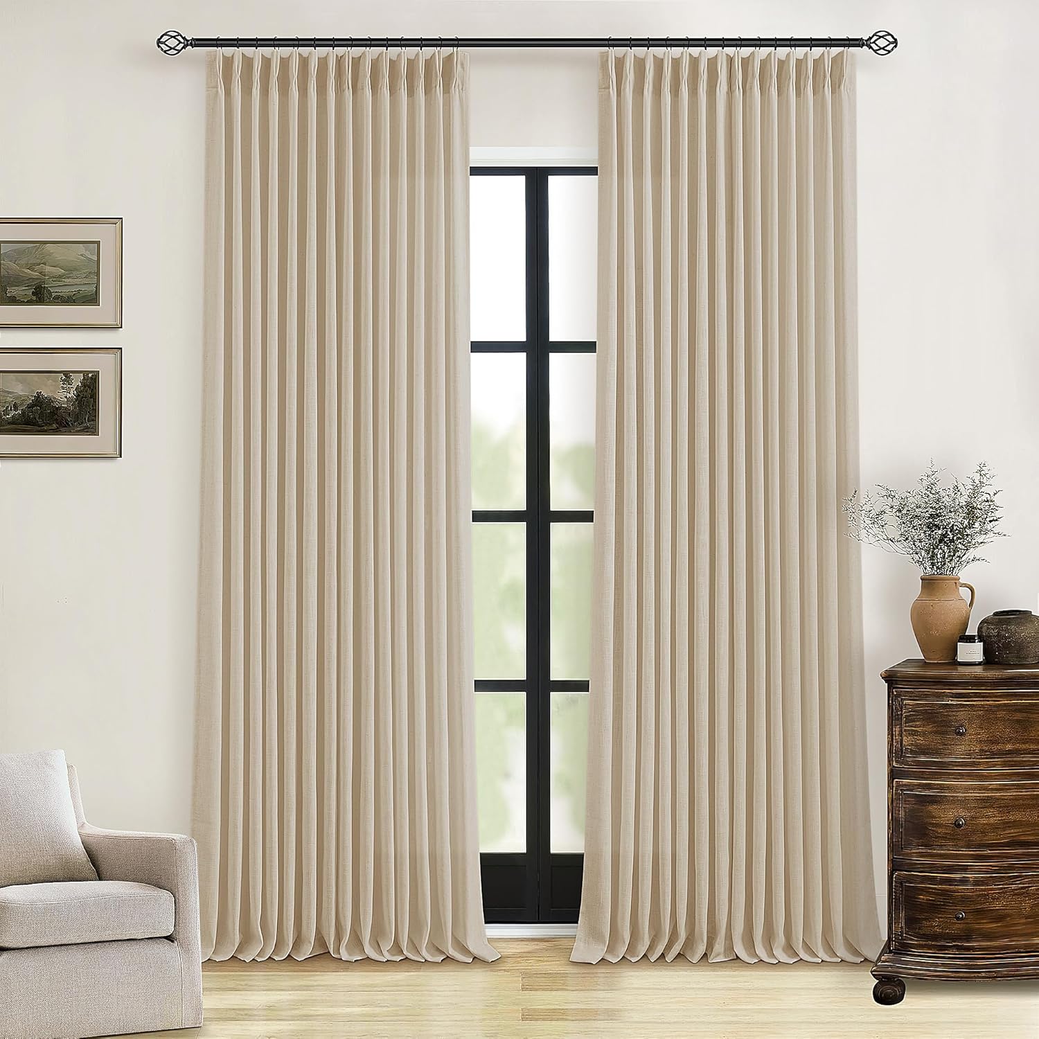 Natural Pinch Pleated Linen Curtains 84 Inch Length 2 Panels for Living Room Bedroom Textured Cream Ivory Birch Semi Sheer Boho Neutral Back Tab Pinch Pleat Hooks Rings Window Curtain 84 Inches Long