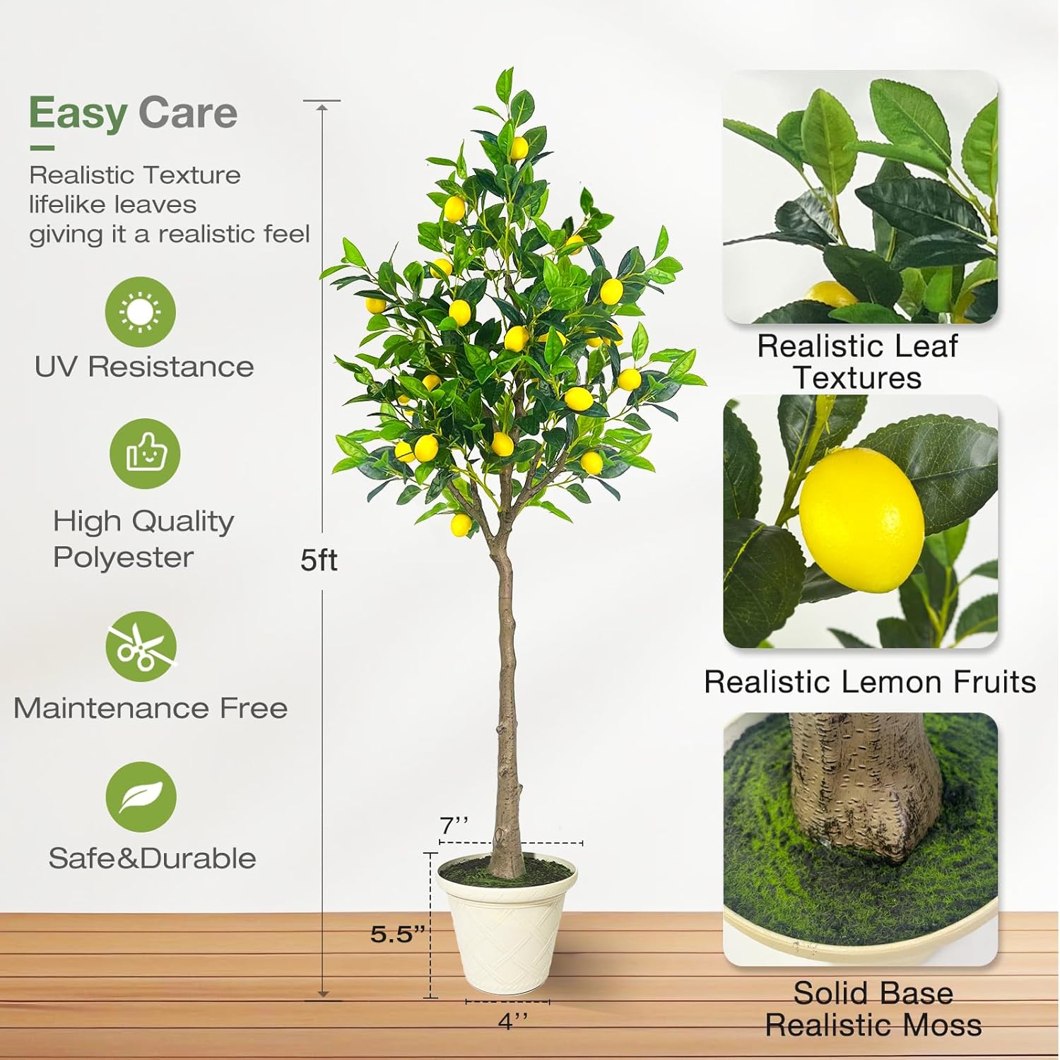 Artificial Lemon Tree, 5FT Fake Lemon Plant, Faux Lemon Tree with Realistic Trunk and Lifelike Leaves, Plastic Lemon Fruit Tree for Home Decor Living Room Office