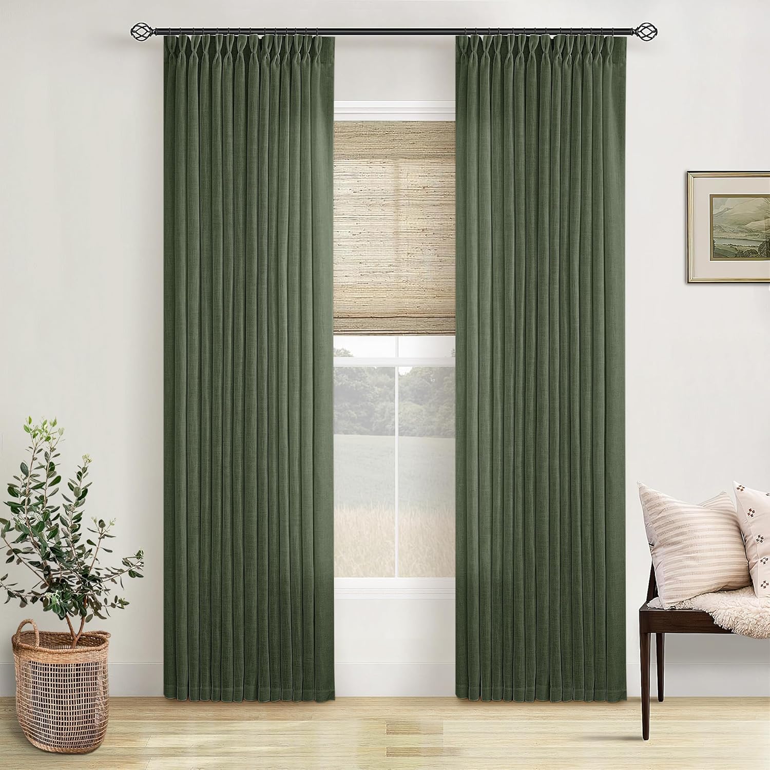 Natural Pinch Pleated Linen Curtains 84 Inch Length 2 Panels for Living Room Bedroom Textured Cream Ivory Birch Semi Sheer Boho Neutral Back Tab Pinch Pleat Hooks Rings Window Curtain 84 Inches Long