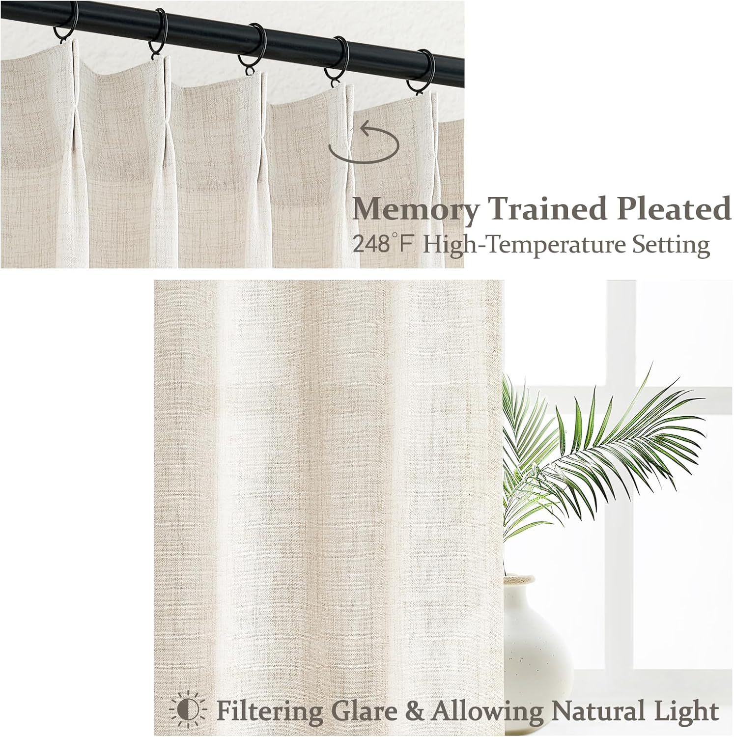 Pinch Pleated Linen Curtains 96 Inches Long for Living Room Bedroom, Light Filtering Boho Window Drape 96 inch 2 Panels Burgs with Hooks&Rings 8ft Cream Birch Sliding Glass Door Sheer Curtain Decor