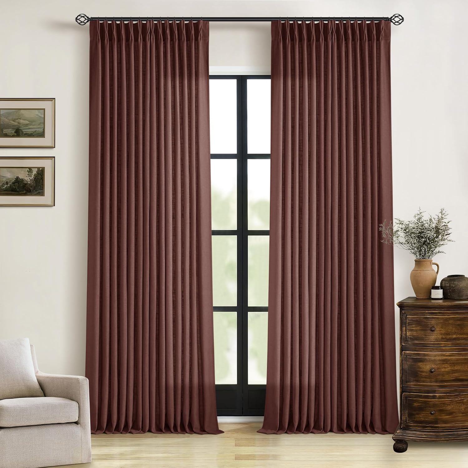 Natural Pinch Pleated Linen Curtains 84 Inch Length 2 Panels for Living Room Bedroom Textured Cream Ivory Birch Semi Sheer Boho Neutral Back Tab Pinch Pleat Hooks Rings Window Curtain 84 Inches Long