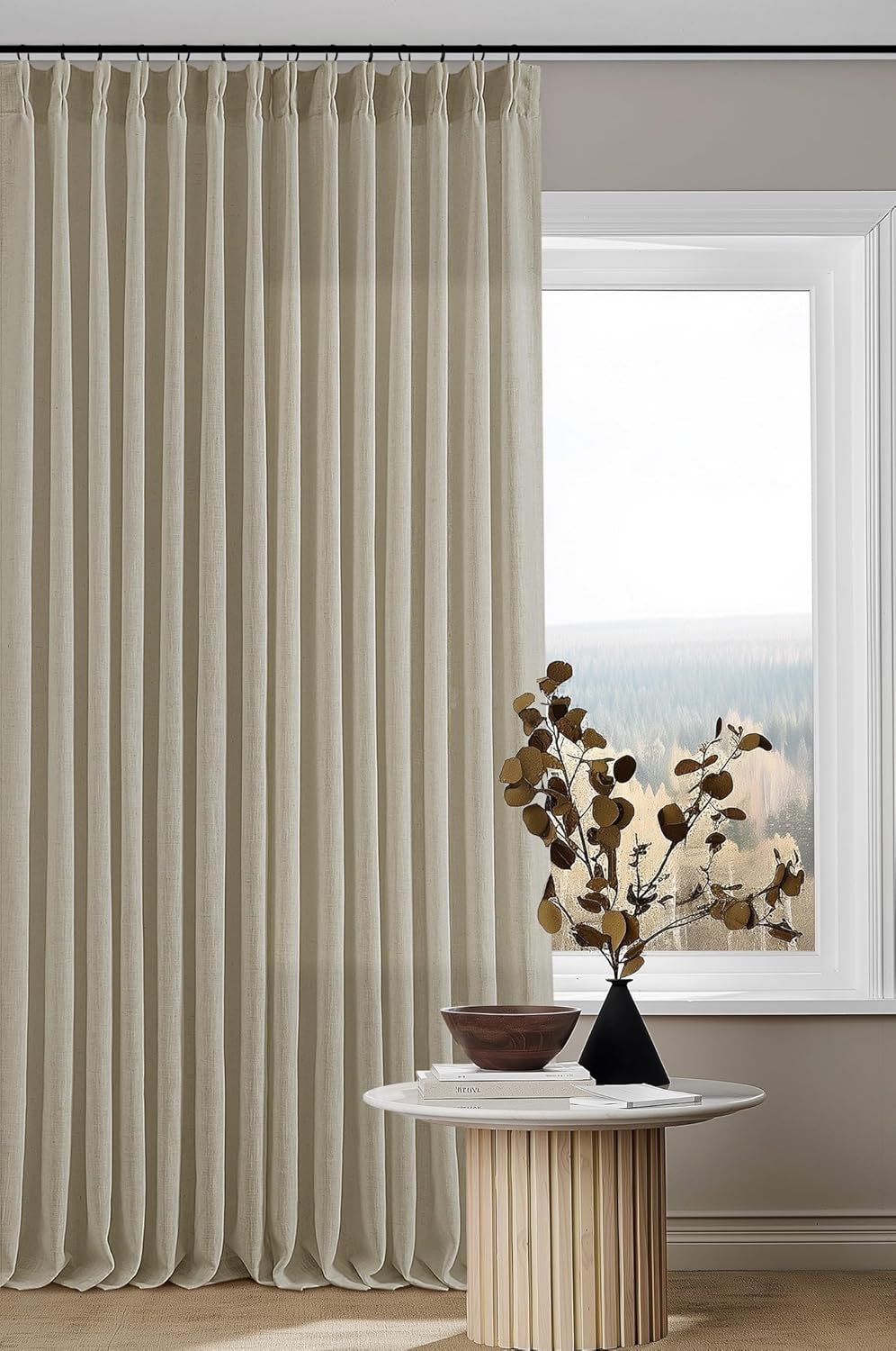 Natural Pinch Pleated Linen Curtains 84 Inch Length 2 Panels for Living Room Bedroom Textured Cream Ivory Birch Semi Sheer Boho Neutral Back Tab Pinch Pleat Hooks Rings Window Curtain 84 Inches Long