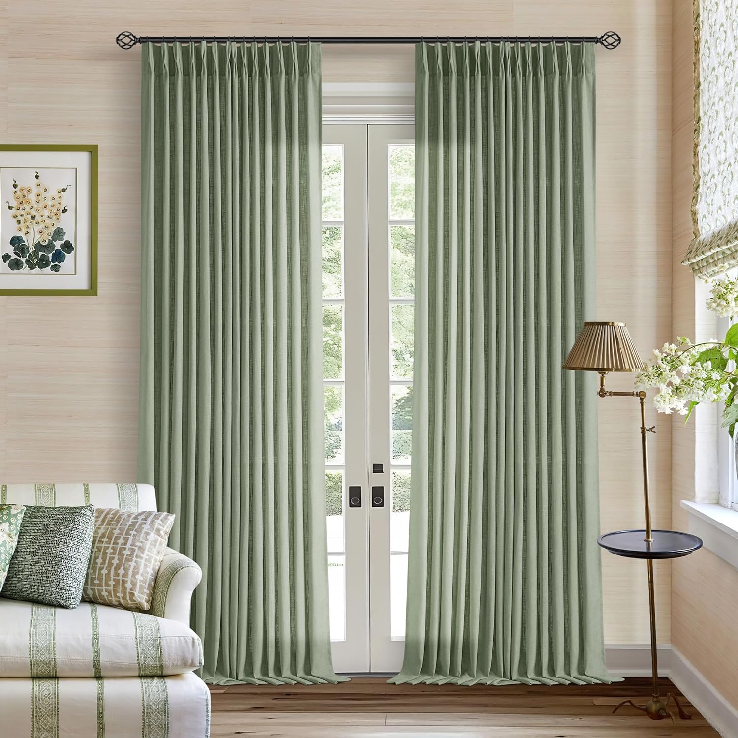 Natural Pinch Pleated Linen Curtains 84 Inch Length 2 Panels for Living Room Bedroom Textured Cream Ivory Birch Semi Sheer Boho Neutral Back Tab Pinch Pleat Hooks Rings Window Curtain 84 Inches Long
