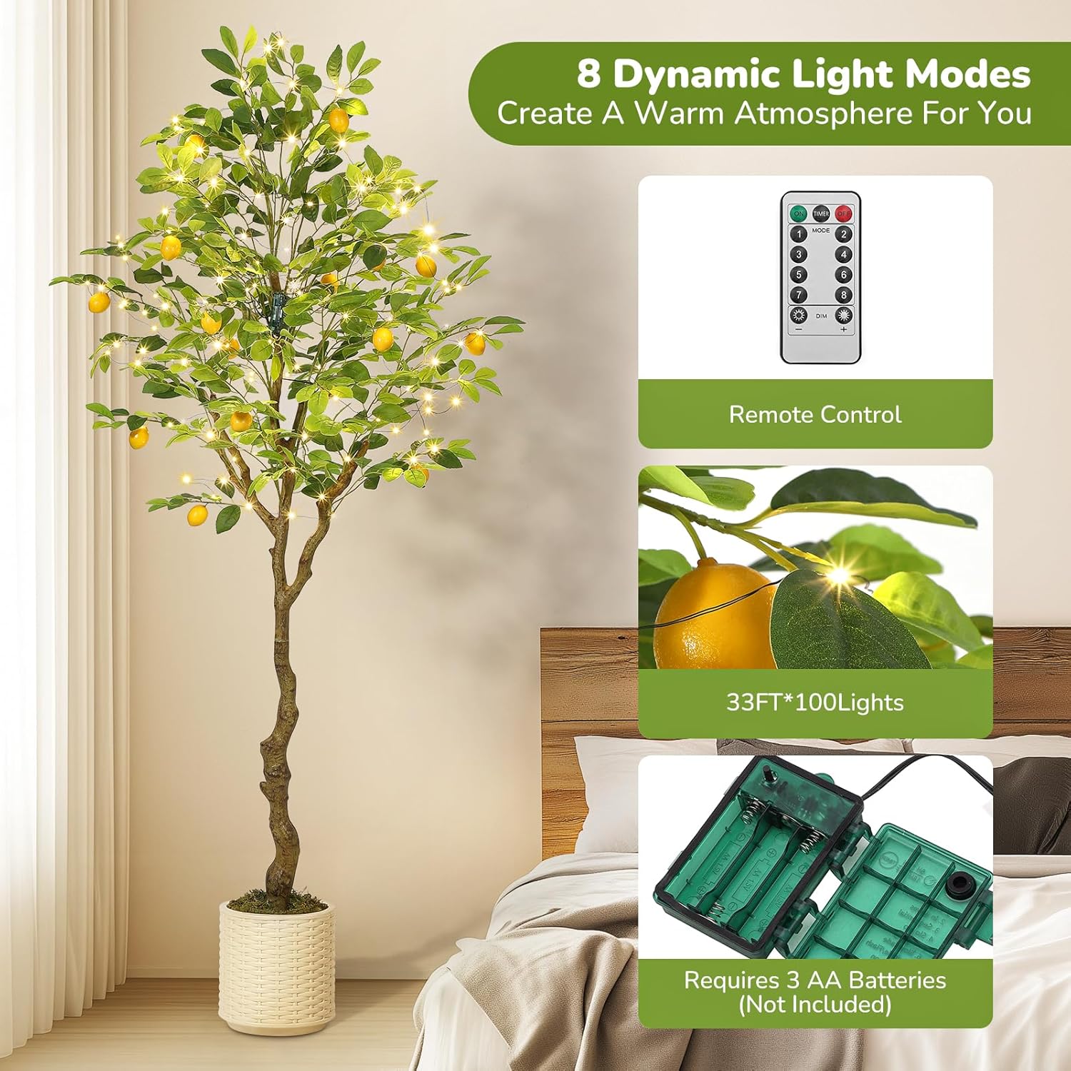 GarveeHome 6 ft Artificial Lemon Tree Indoor, Pre Potted Faux Lemon Tree with Realistic Fruit and Lifelike Leaves, Fake Lemom Plant with 100 Lights for Indoor Home Decor Office Living Room