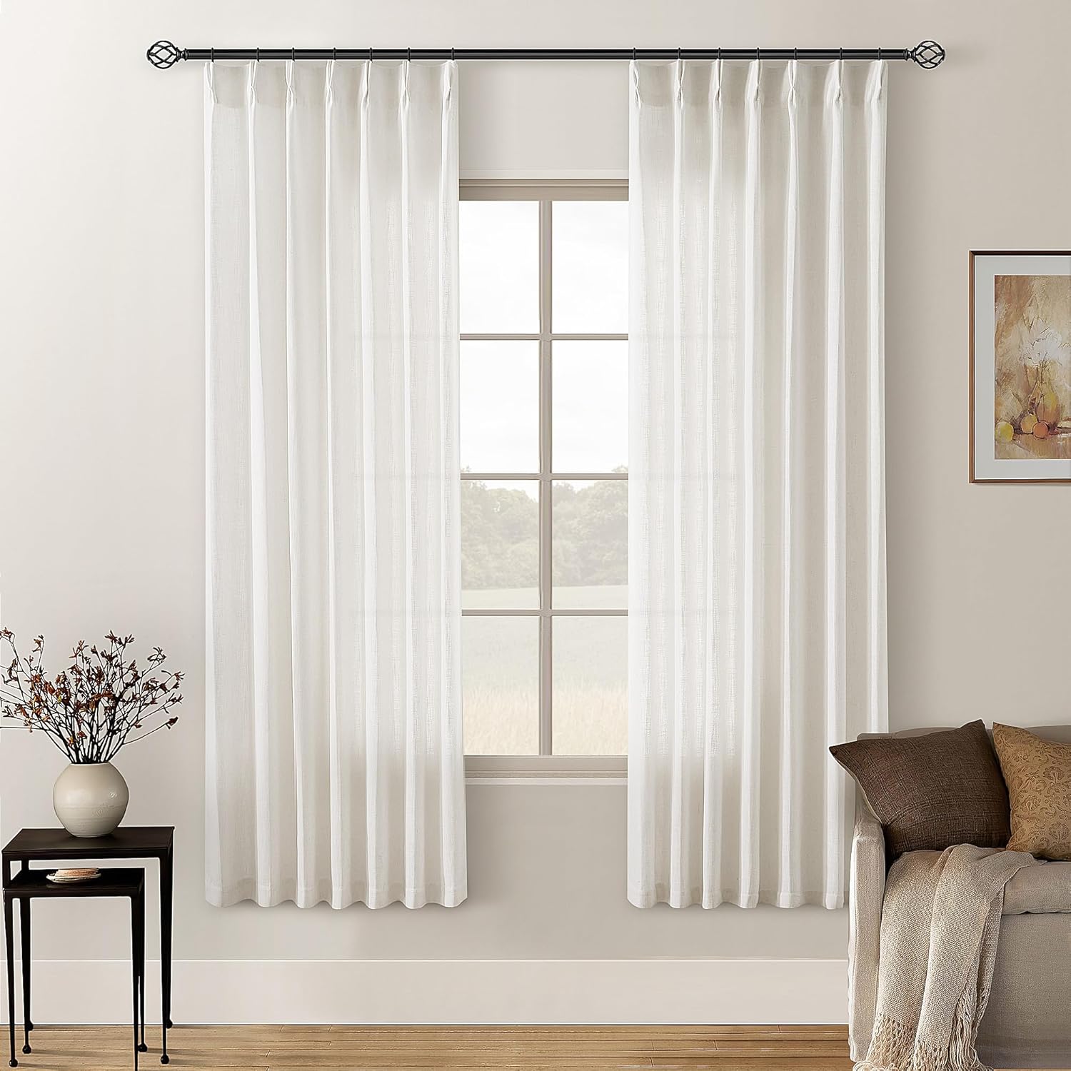 Natural Pinch Pleated Linen Curtains 84 Inch Length 2 Panels for Living Room Bedroom Textured Cream Ivory Birch Semi Sheer Boho Neutral Back Tab Pinch Pleat Hooks Rings Window Curtain 84 Inches Long