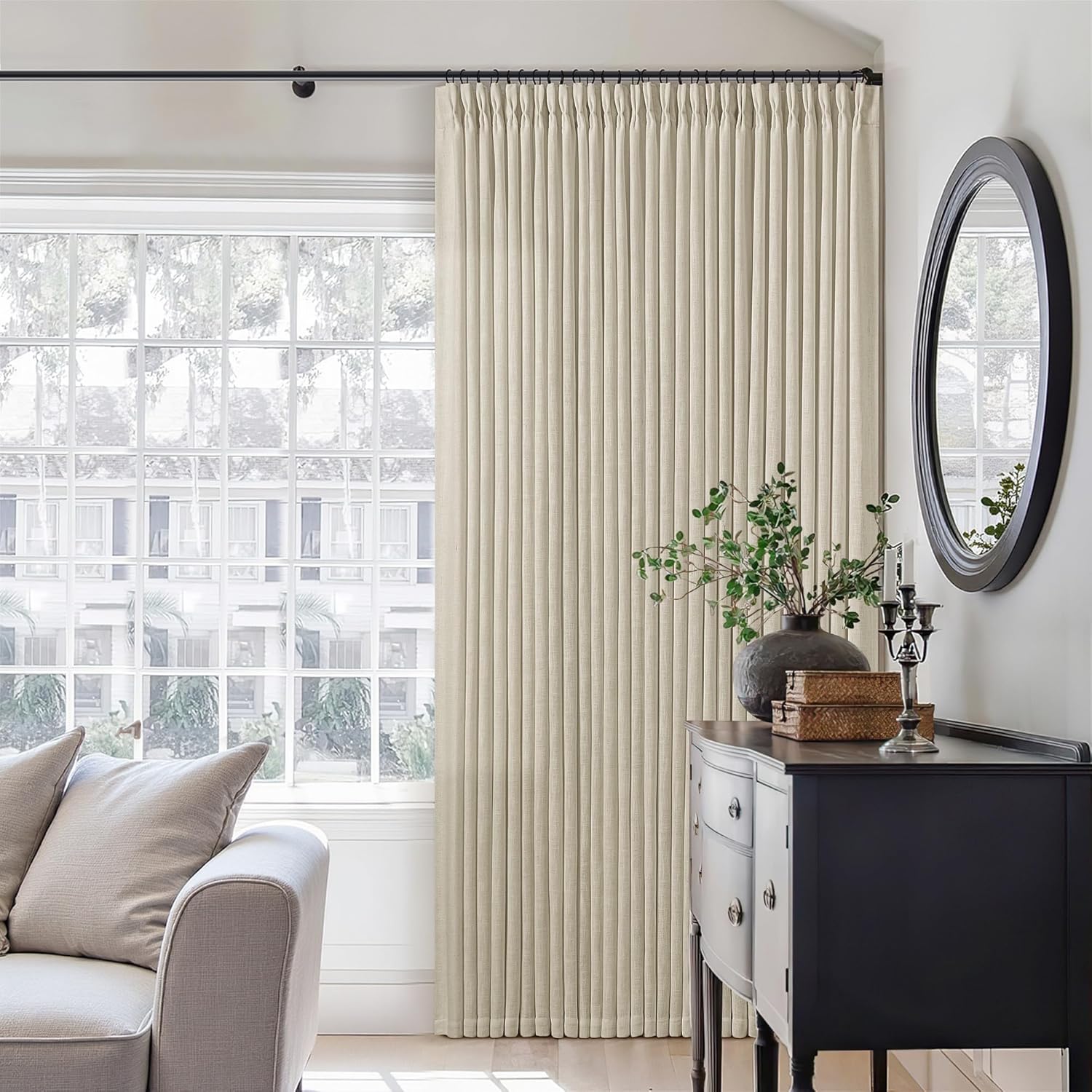 Natural Pinch Pleated Linen Curtains 84 Inch Length 2 Panels for Living Room Bedroom Textured Cream Ivory Birch Semi Sheer Boho Neutral Back Tab Pinch Pleat Hooks Rings Window Curtain 84 Inches Long