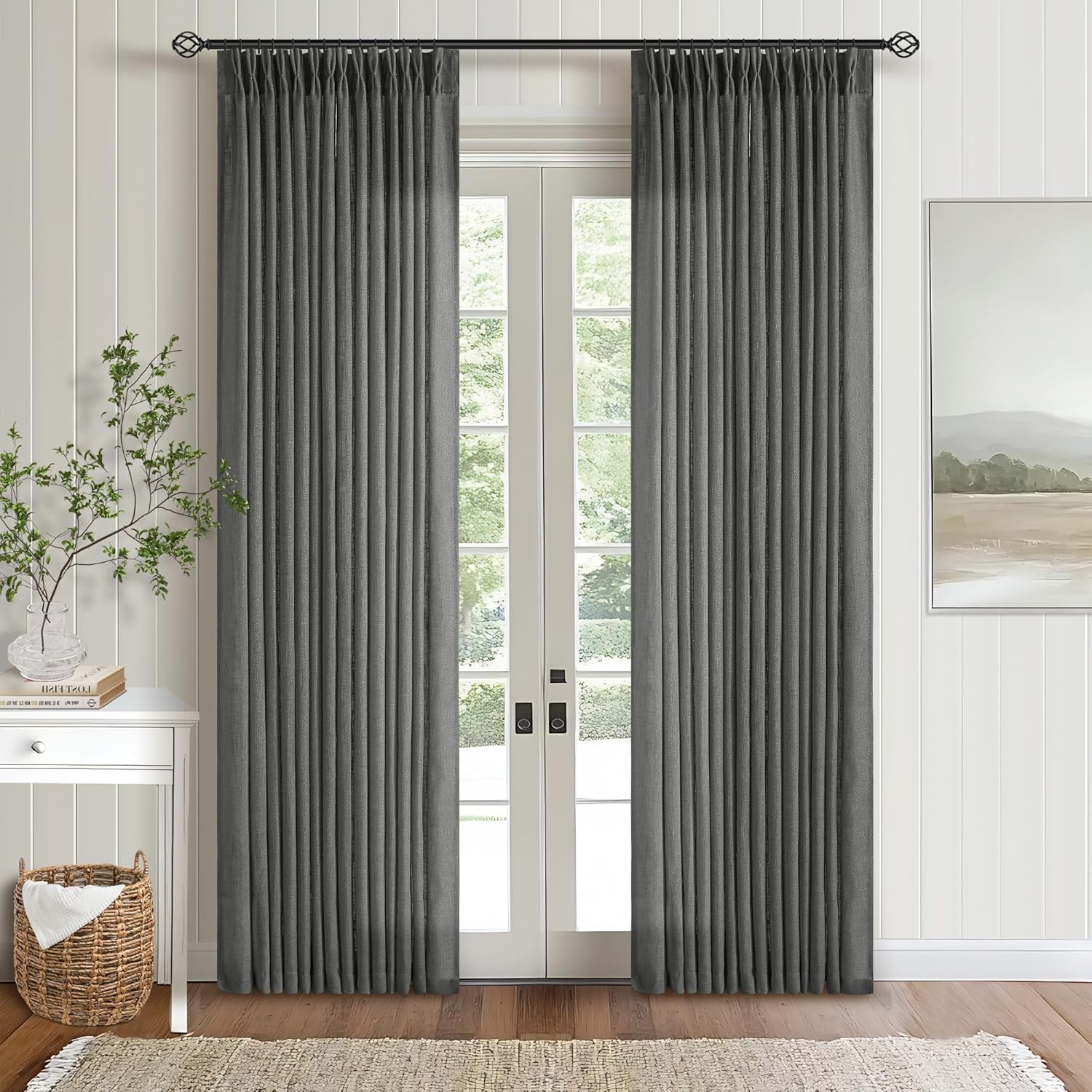 Natural Pinch Pleated Linen Curtains 84 Inch Length 2 Panels for Living Room Bedroom Textured Cream Ivory Birch Semi Sheer Boho Neutral Back Tab Pinch Pleat Hooks Rings Window Curtain 84 Inches Long