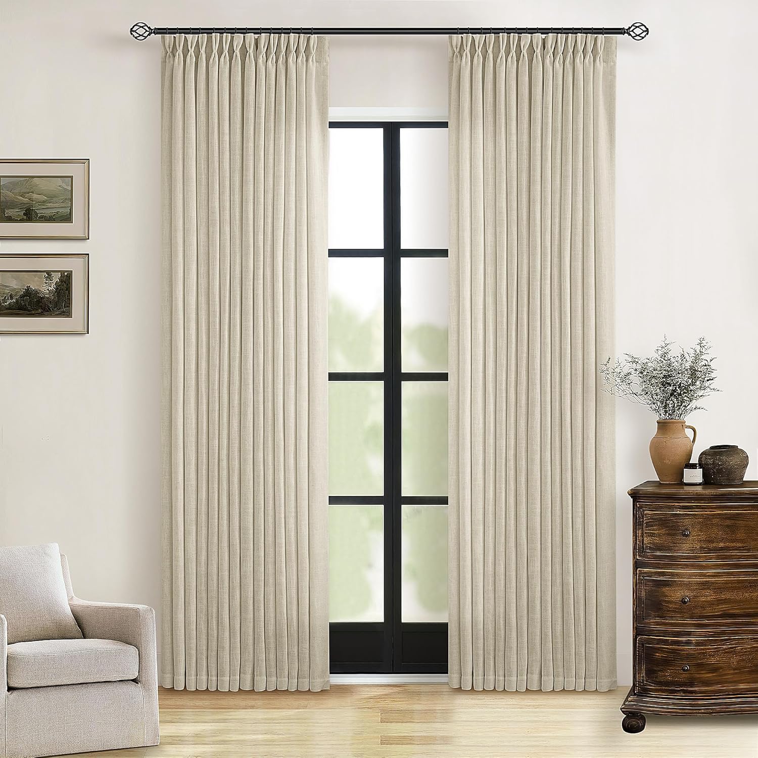 Natural Pinch Pleated Linen Curtains 84 Inch Length 2 Panels for Living Room Bedroom Textured Cream Ivory Birch Semi Sheer Boho Neutral Back Tab Pinch Pleat Hooks Rings Window Curtain 84 Inches Long