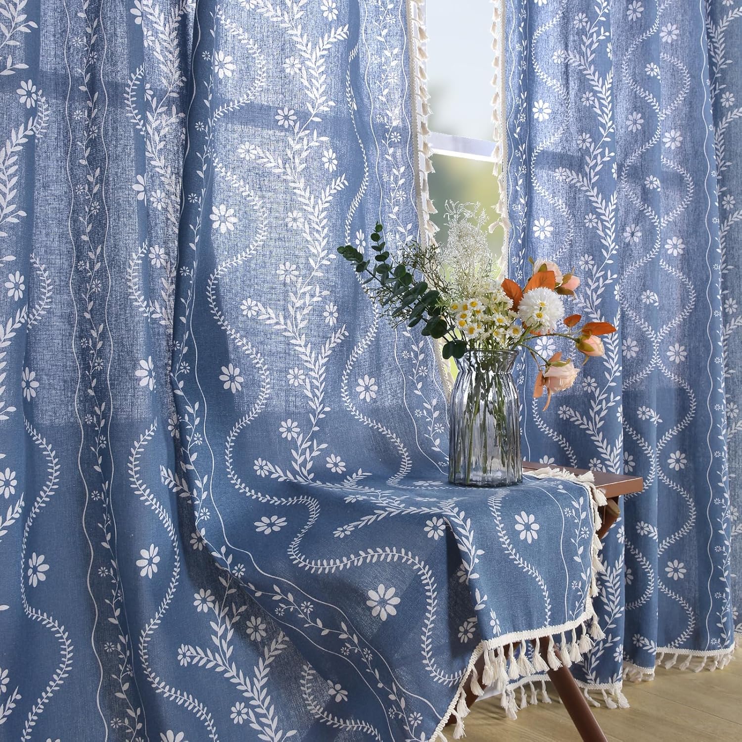 Schweek Terracotta Curtains 84 Inch Length Boho Farmhouse Curtains for Living Room 2 Panels, Linen Semi Sheer Vintage Farmhouse Printed Floral Burnt Orange Rustic Curtain Drapes