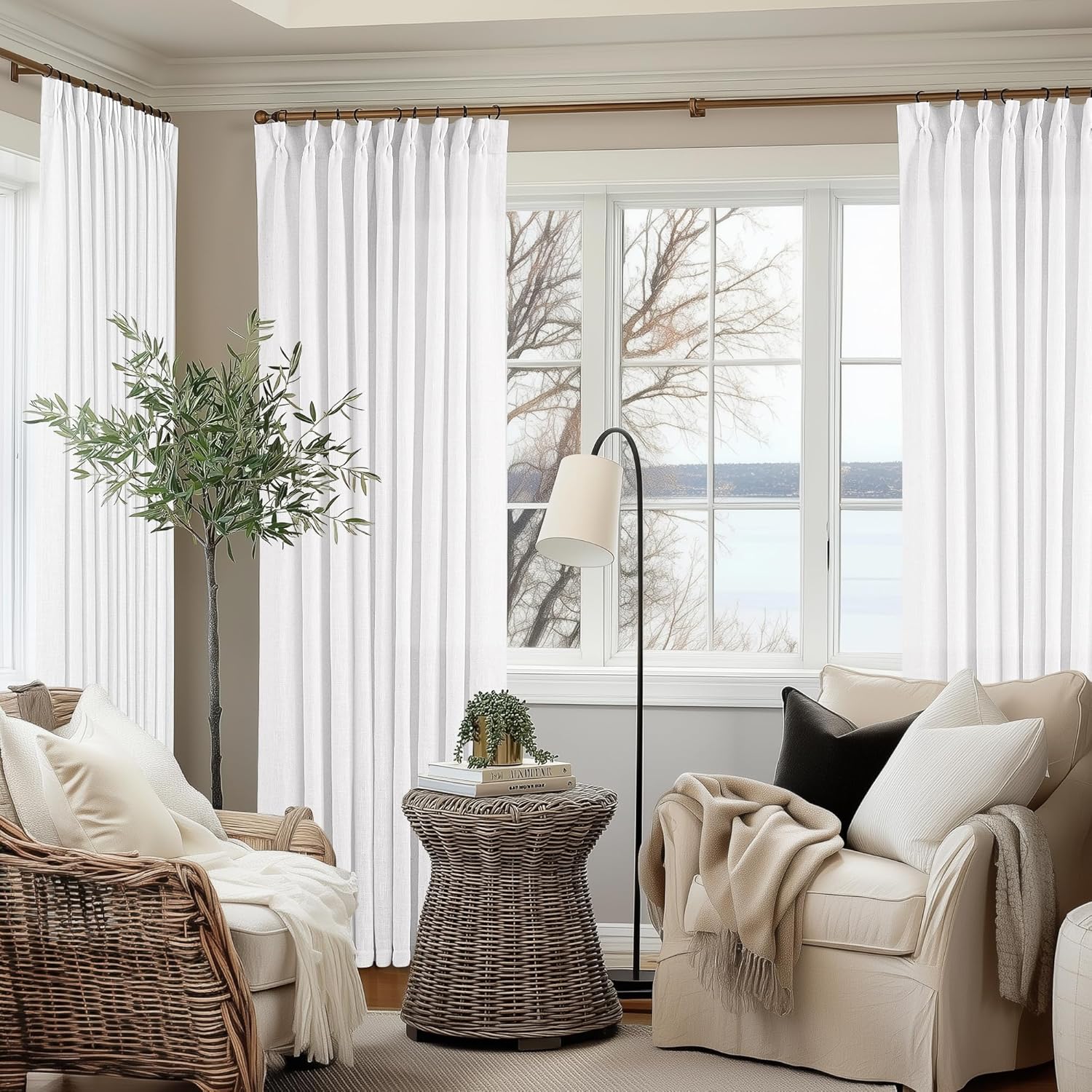 Natural Pinch Pleated Linen Curtains 84 Inch Length 2 Panels for Living Room Bedroom Textured Cream Ivory Birch Semi Sheer Boho Neutral Back Tab Pinch Pleat Hooks Rings Window Curtain 84 Inches Long