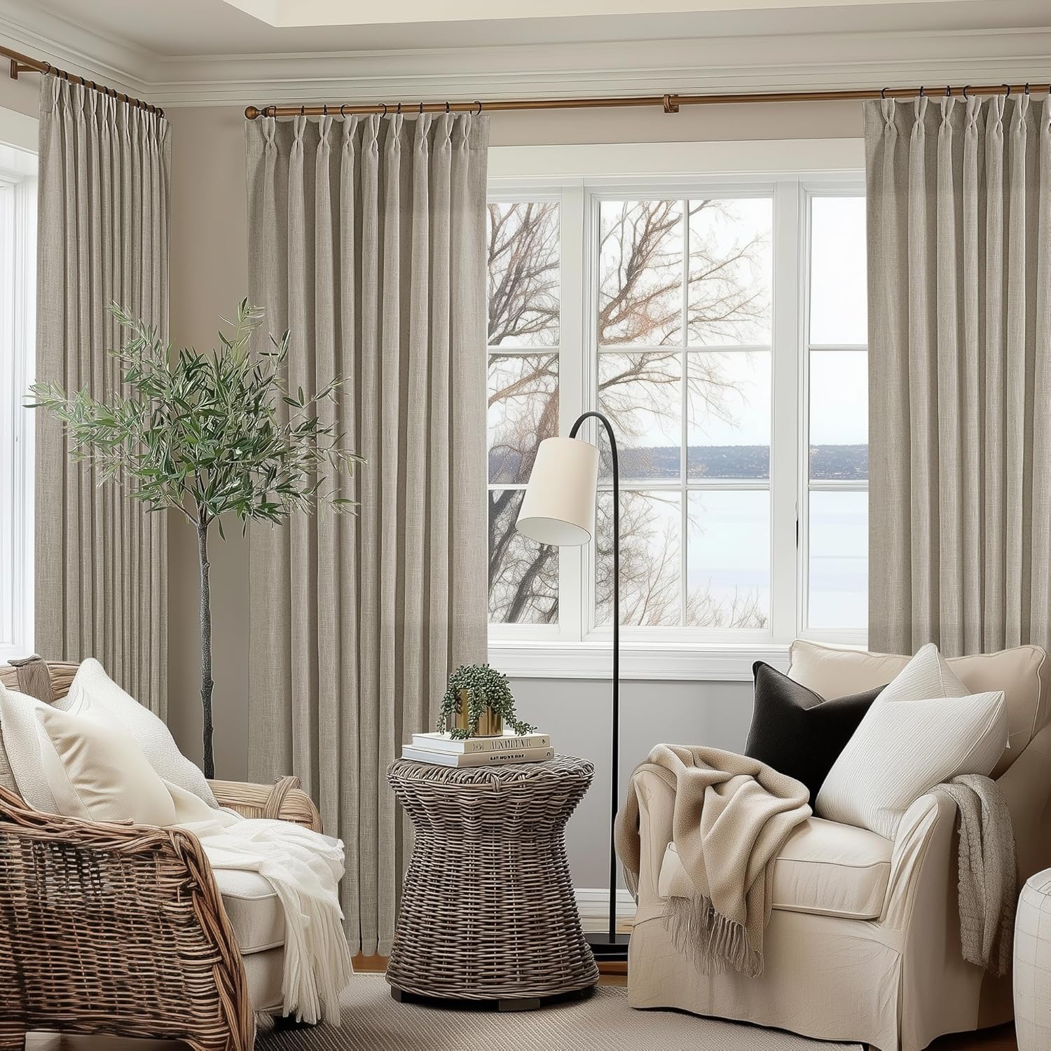 Natural Pinch Pleated Linen Curtains 84 Inch Length 2 Panels for Living Room Bedroom Textured Cream Ivory Birch Semi Sheer Boho Neutral Back Tab Pinch Pleat Hooks Rings Window Curtain 84 Inches Long