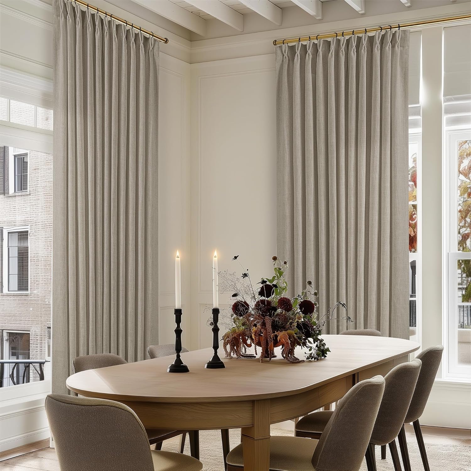 Natural Pinch Pleated Linen Curtains 84 Inch Length 2 Panels for Living Room Bedroom Textured Cream Ivory Birch Semi Sheer Boho Neutral Back Tab Pinch Pleat Hooks Rings Window Curtain 84 Inches Long