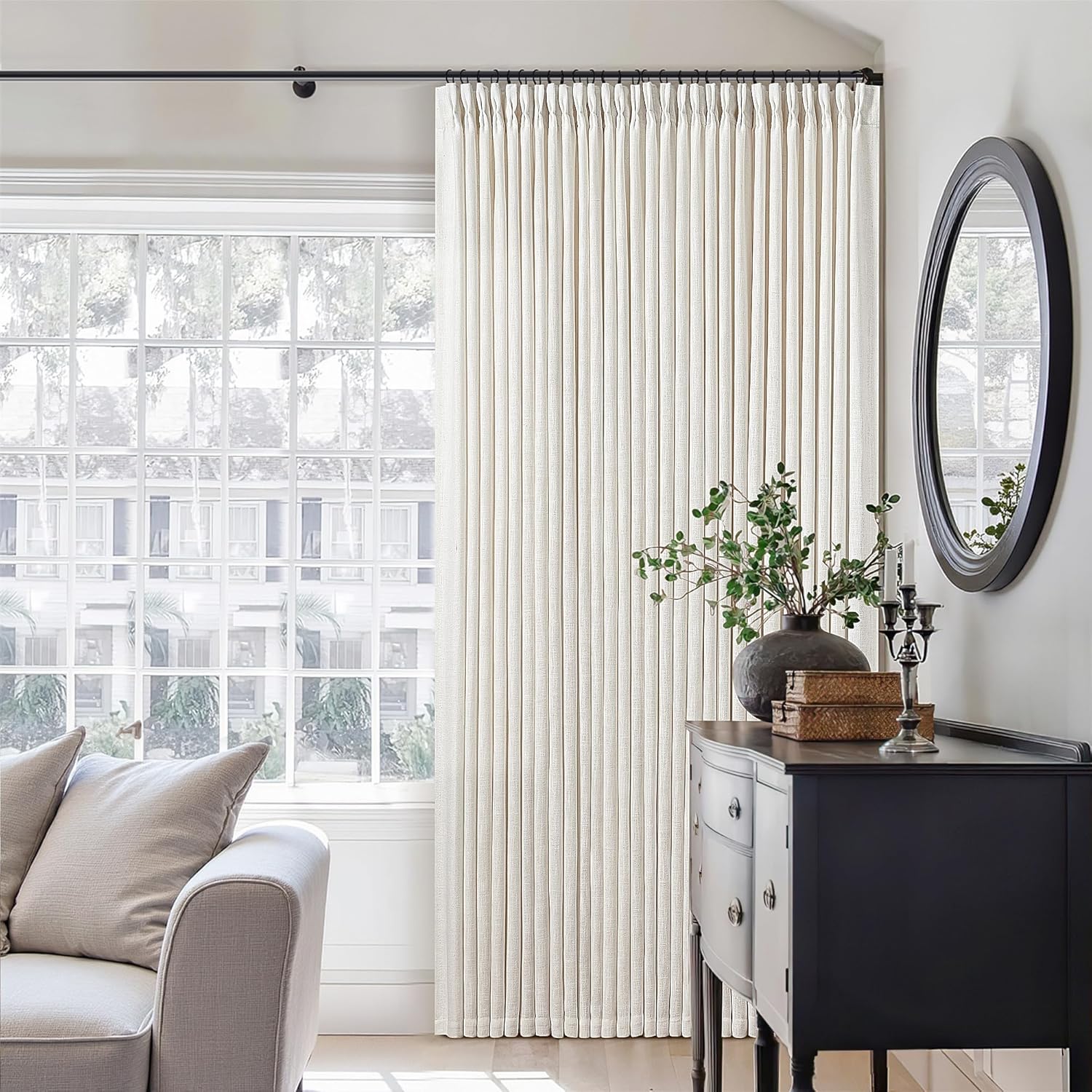 Natural Pinch Pleated Linen Curtains 84 Inch Length 2 Panels for Living Room Bedroom Textured Cream Ivory Birch Semi Sheer Boho Neutral Back Tab Pinch Pleat Hooks Rings Window Curtain 84 Inches Long